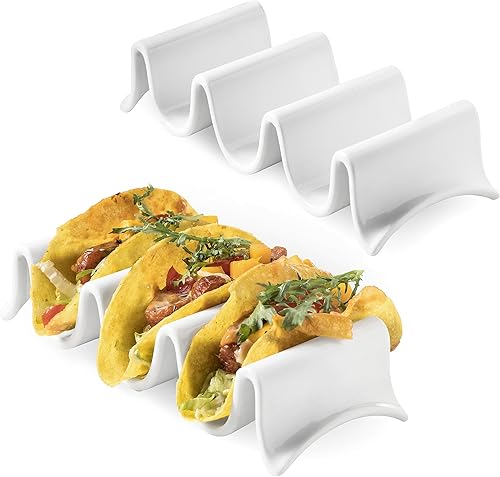 Soporte para tacos, bandeja grande de porcelana para tacos con asas, reutilizable y apilable, perfecto para burritos y tortillas, apto para horno,