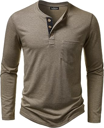 LucMatton Mens Lightweight Henley Long Sleeve Shirt | Casual, Stretch, Slim Fit, With Pocket