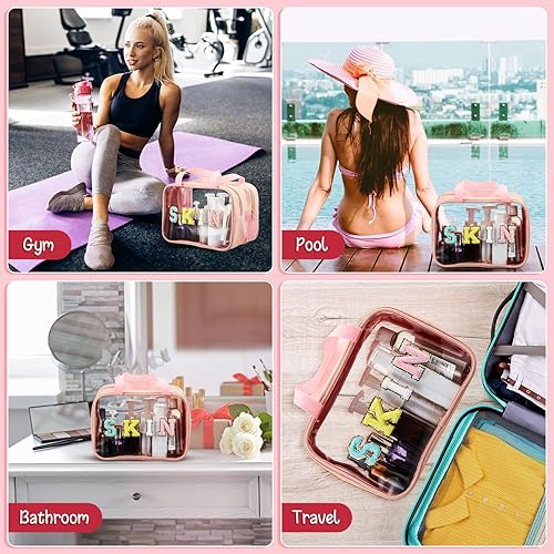 Miniatura 7 de Geetery Bolsa de maquillaje con parche de letras de felpilla con asa práctica, organizador de cosméticos de nailon preppy con cremallera, bolsa de