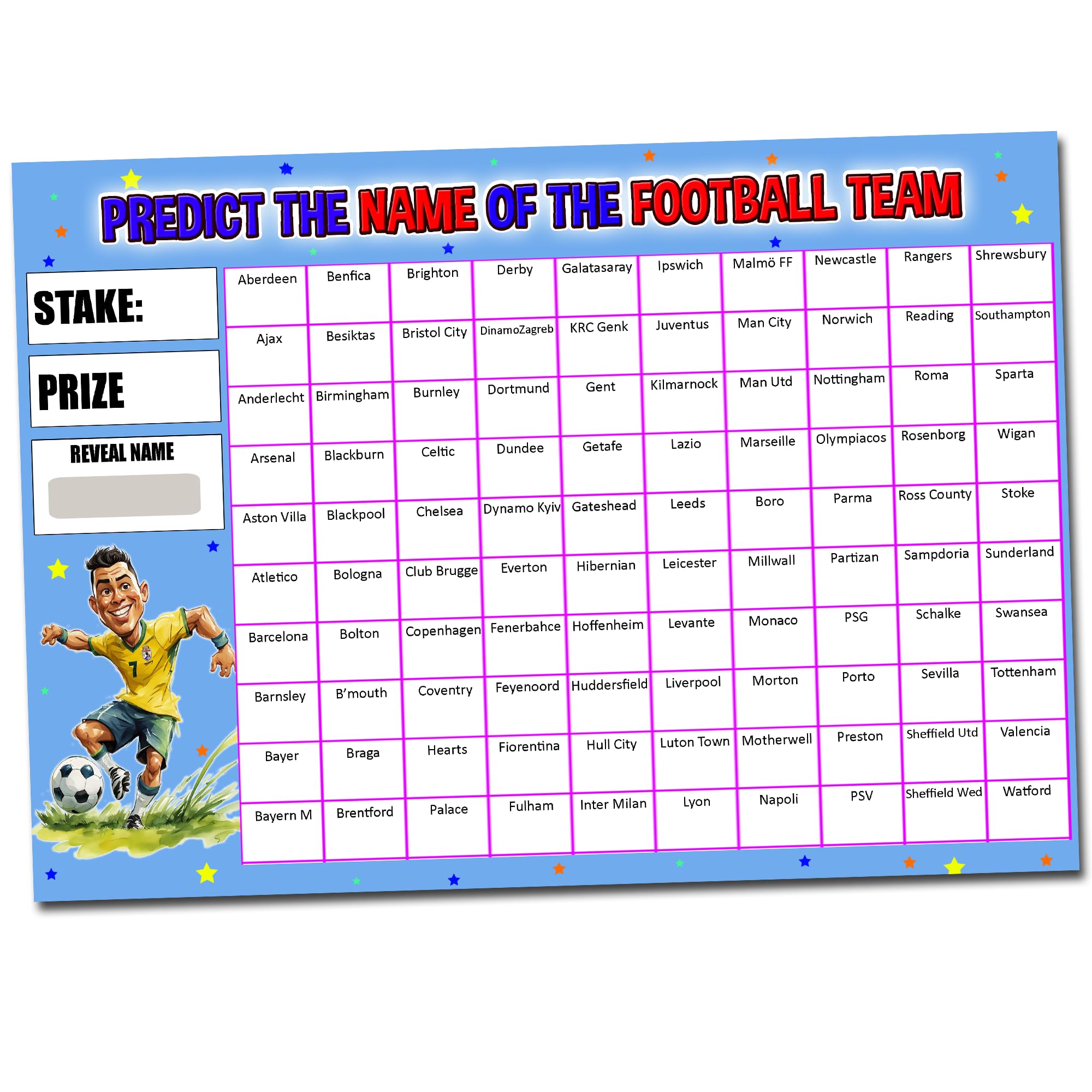 Football Team Scratch Cards Fundraiser, 100 Names, A4 Size, 300gsm High Gloss Card, Random Team Names Behind Scratch card