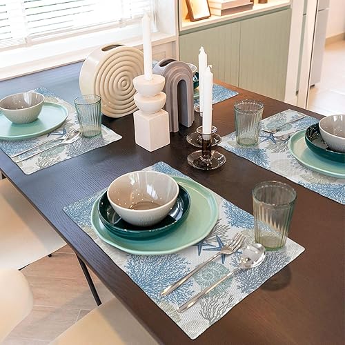 Miniatura 6 de Juego de 4 manteles individuales náuticos azules de verano, estrellas de mar, conchas marinas, coral, manteles individuales antideslizantes,