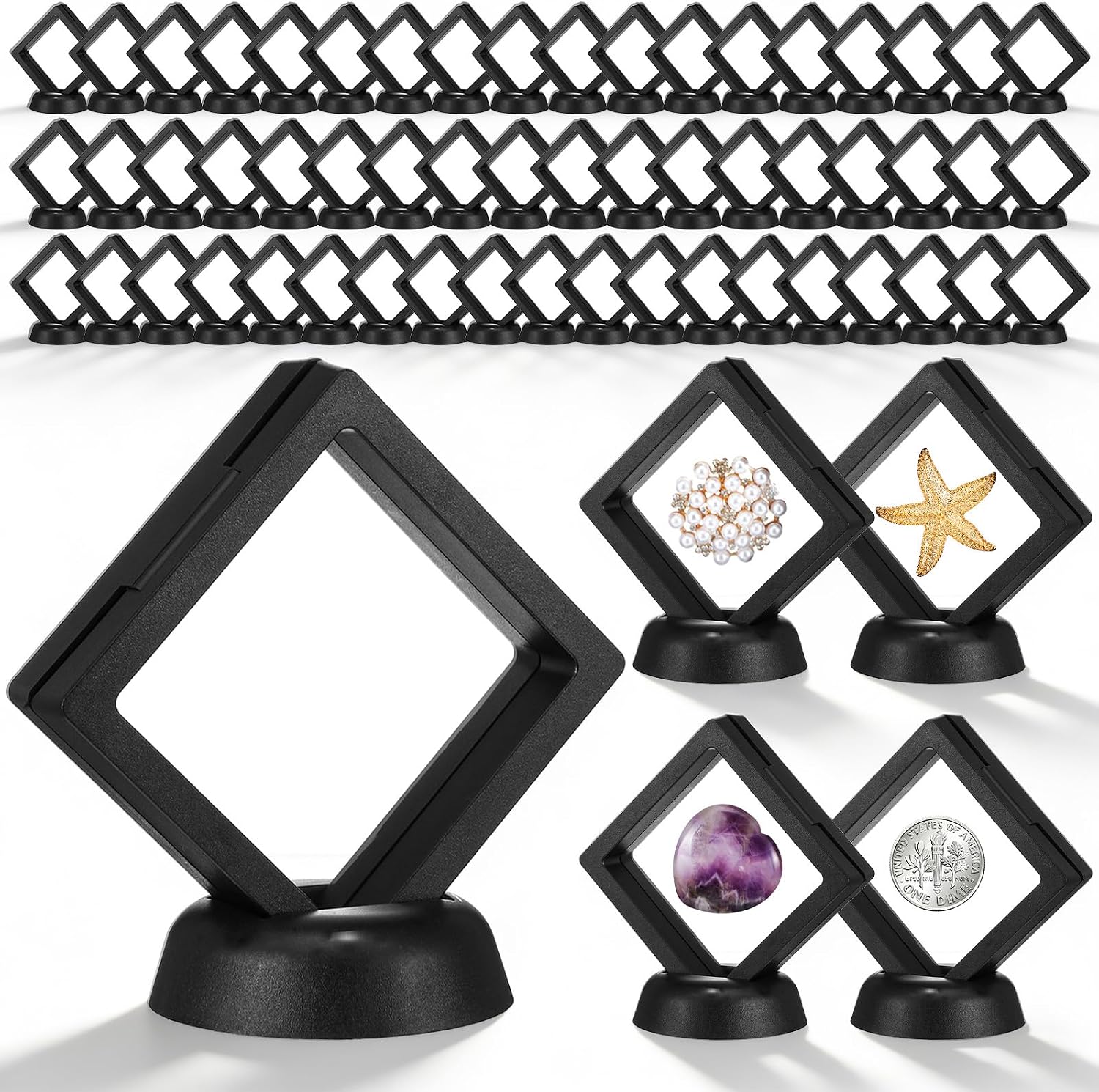 60 Pcs 3D Floating Display Case, Plastic Coin Holder with Stand for Challenge Coins, Medallions, Jewelry, Rocks and Specimens, 2.76x2.76x0.79 Inch Protective Frame, Black