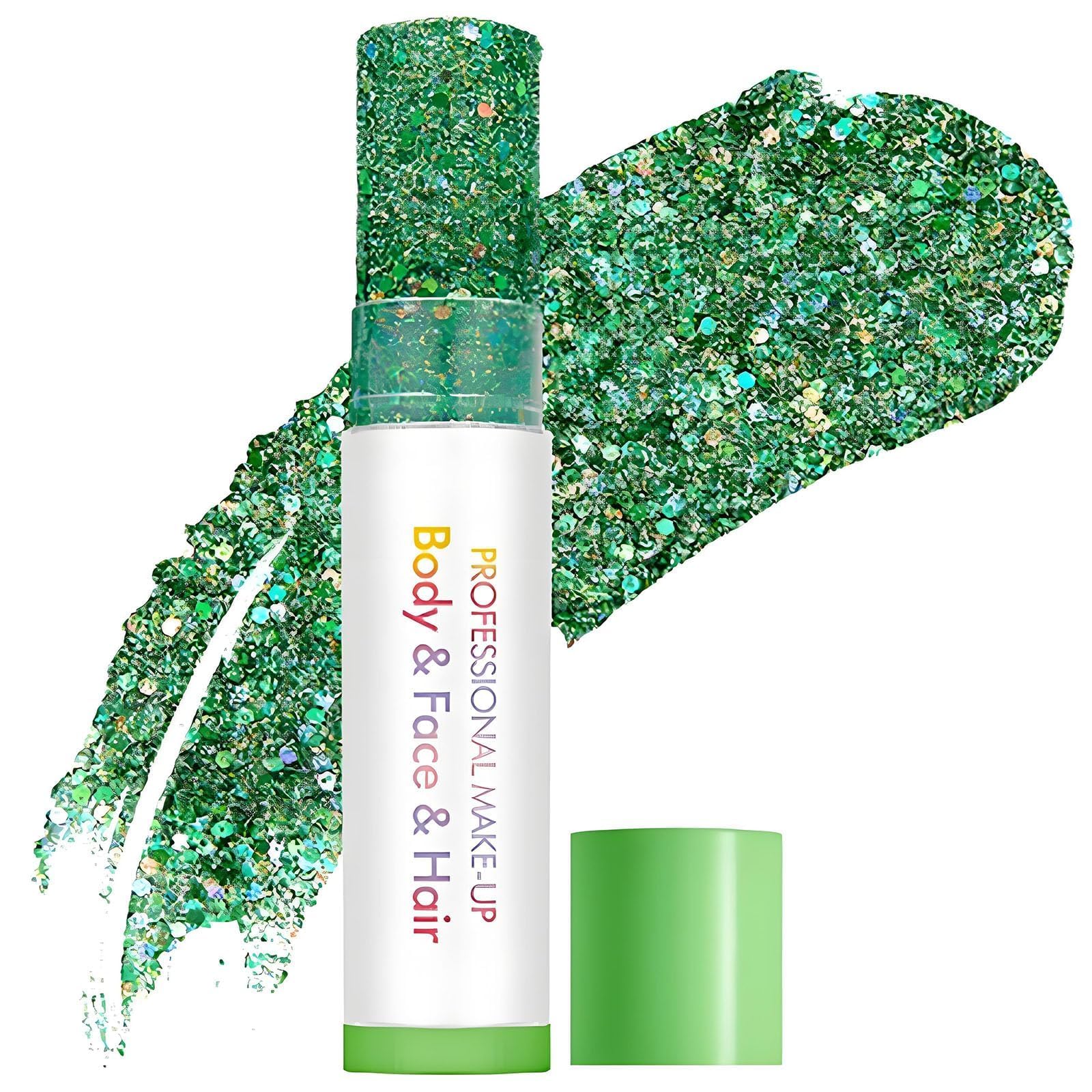 Professional Green Glitter Makeup Stick for Face, & Hair - Chunky Holographic Shimmer with Multicolour Sparkling Particles for Festival Party Rave Cosplay and Carnival Events, Long Lasting No Mess