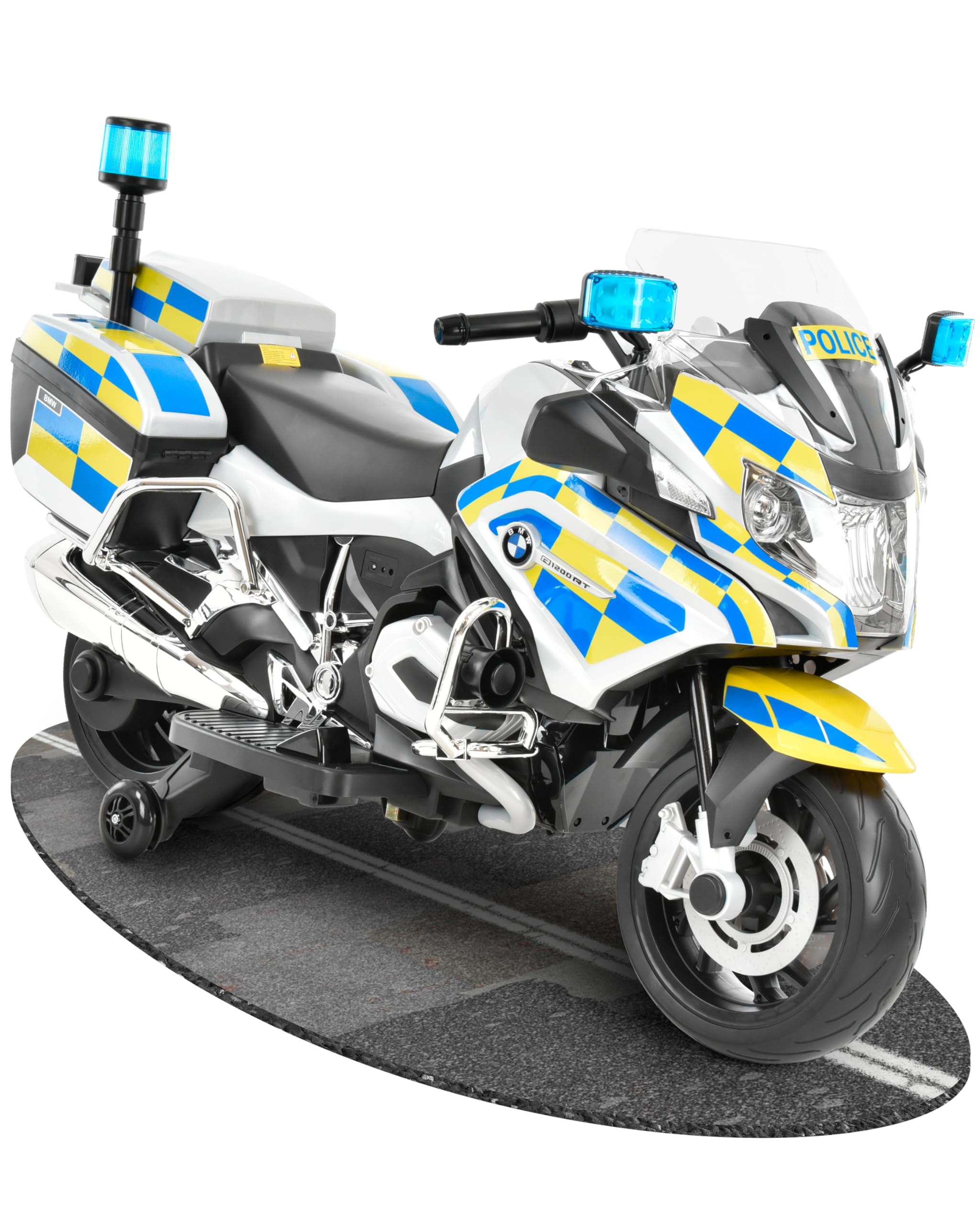 HECHT Polizei Elektro Motorrad BMW Design ab 3 Jahre | 35 W Motor, 3-6 km/h, Blaulicht, Sirene, Radio, Stützräder, 2 Seitenkoffer, Spielzeug bis 30 kg