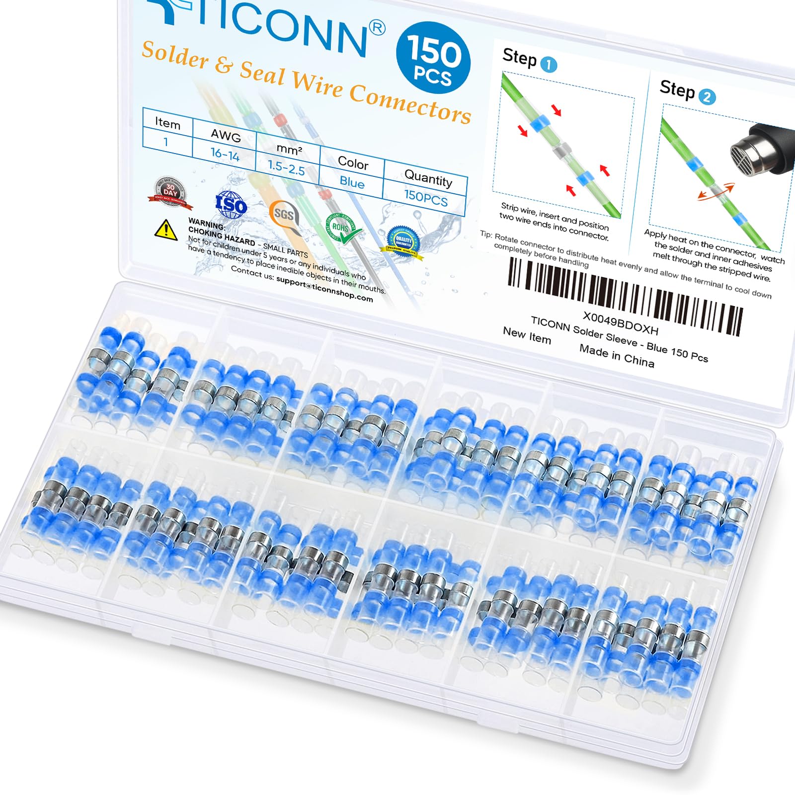 TICONN 150 PCS Solder Seal Wire Connectors, Heat Shrink Butt Connectors, Waterproof and Insulated Electrical Wire Terminals, Butt Splice (150PCS, Blue)