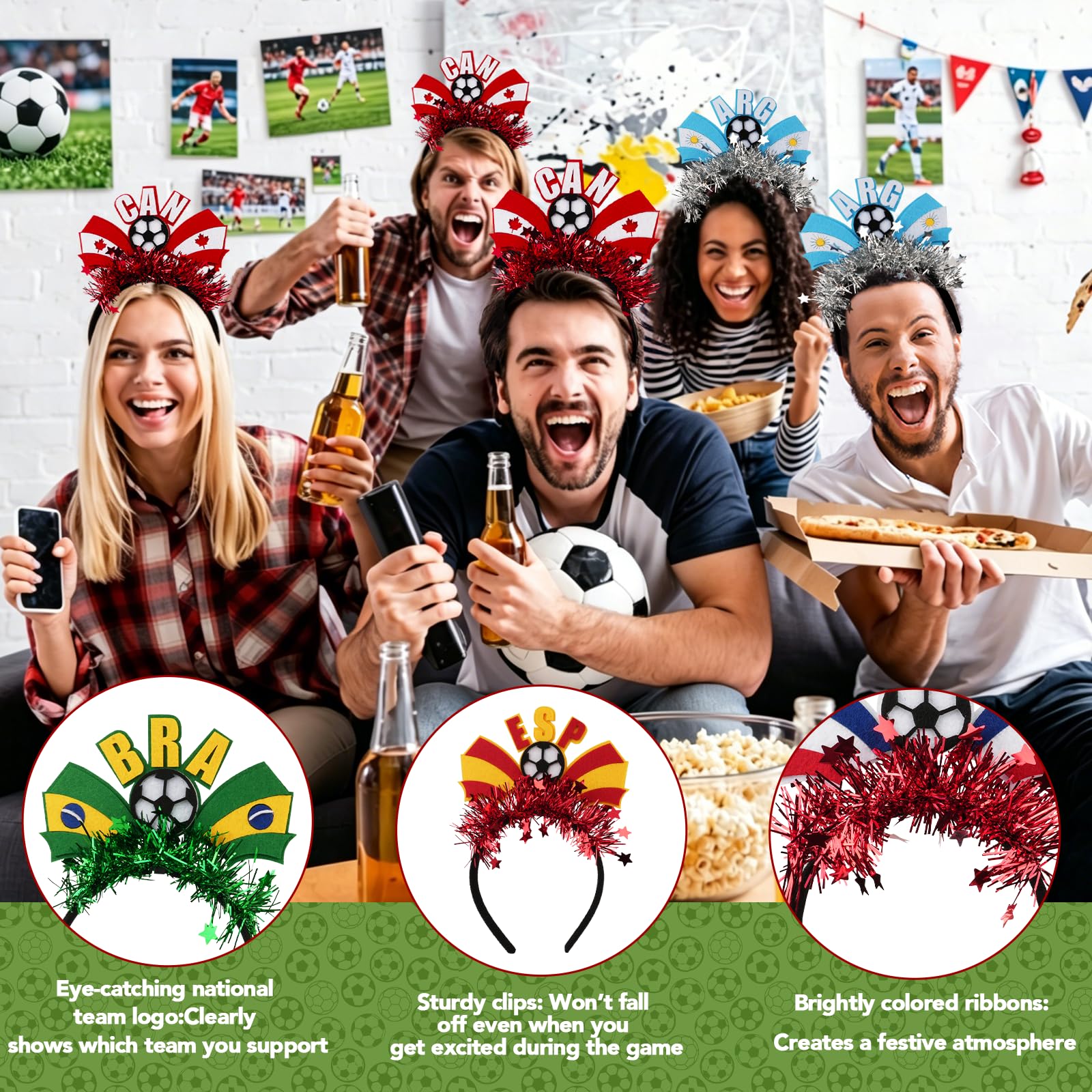 2026 World Soccer Match Party Hair Accessories Set, 5 Pack Glitter Flag Headbands (Canada/Argentina/Brazil/France/Spain), Soccer Football Fan Gear Hairband for Game Day, Soccer hair accessory - 2