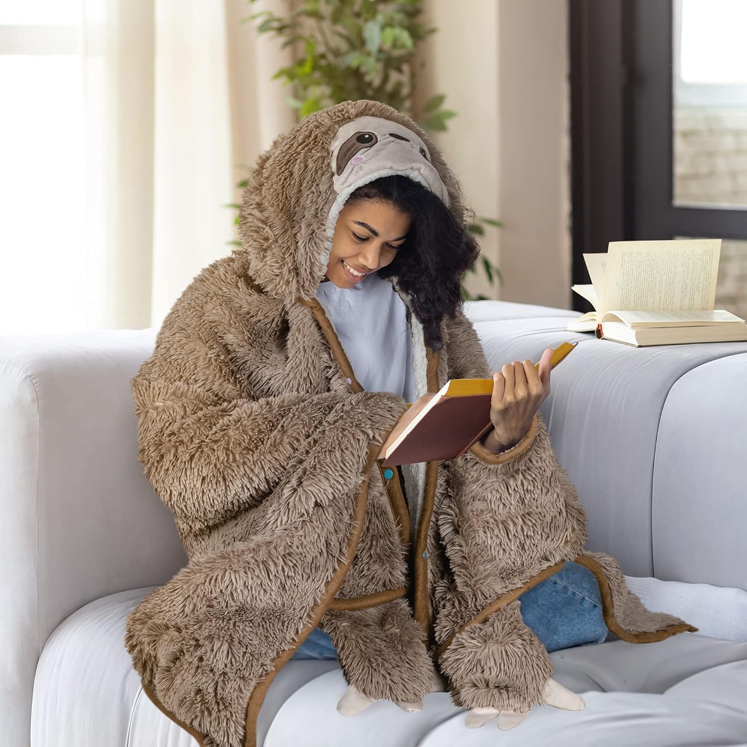 Sloth Wearable Hooded Blanket for Adults - Fluffy Super Soft Shaggy Faux Fur, Fuzzy Warm Cozy Plush Furry Fleece & Sherpa Hoodie Throw Cloak Wrap - Sloth Gifts for Women Adults and Kids - Image 5