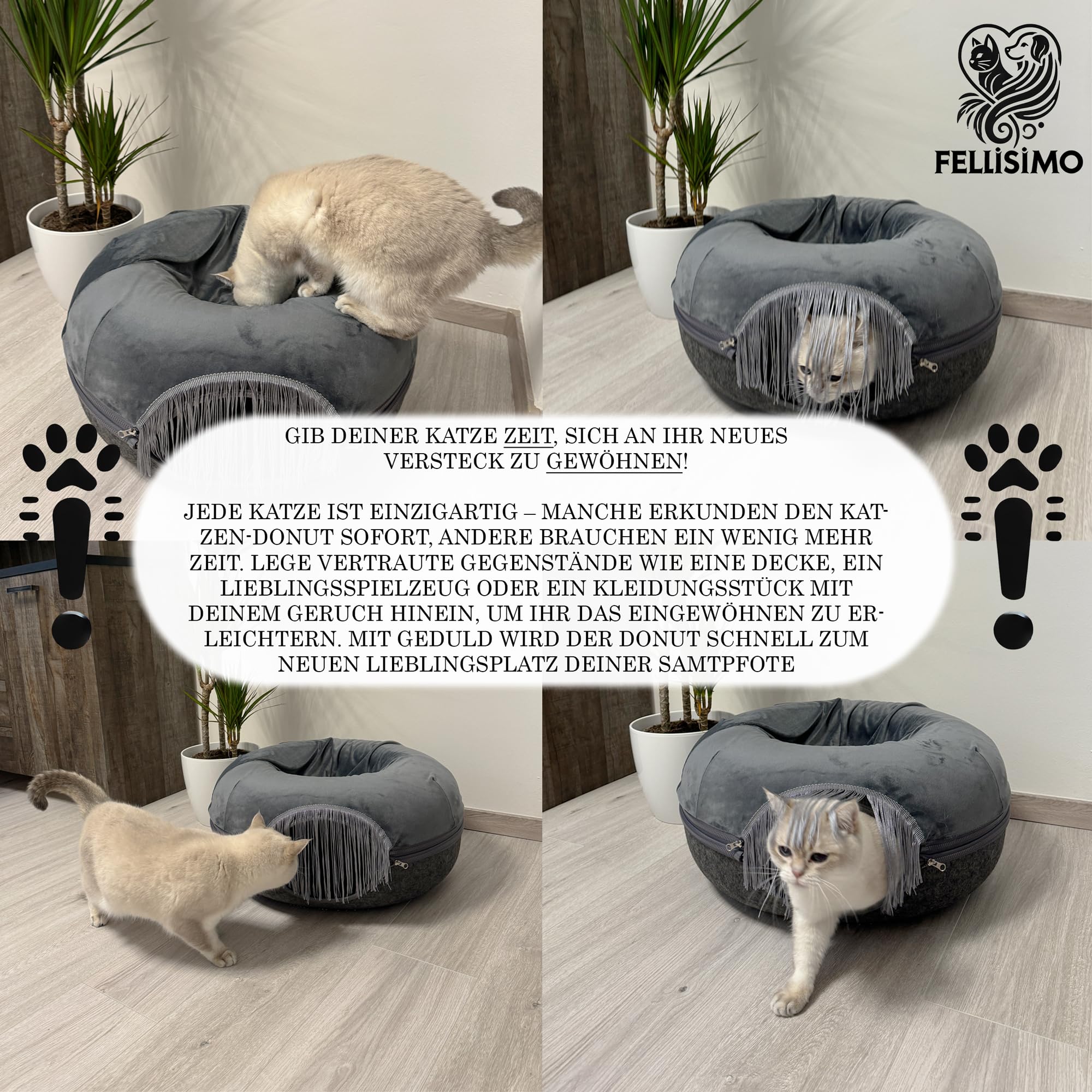 Katzen Donut mit Flauschigen Kuschelbett | Anti-Slip Unterfläche | Atmungsaktiv | Katzentunnel aus Filz mit waschbaren Kissen Bezug | Katzenhöhle
