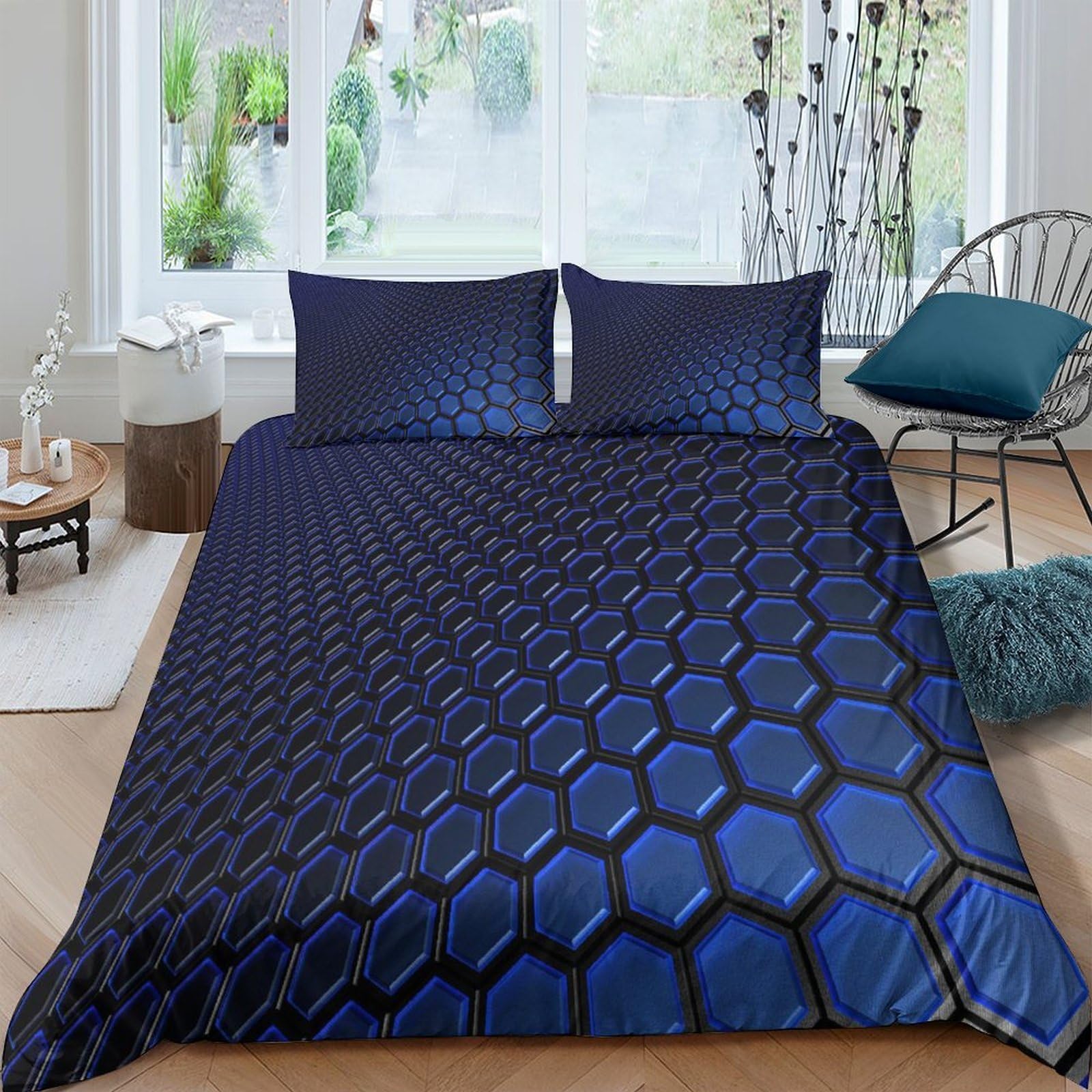 Ctjqhvkz Style-1 3D Printed Blue Hexagon Pattern Fitted Sheet Microfiber Bedroom Decor Geometric Mattress Cover For Home Guest Room Single（135X200cm）