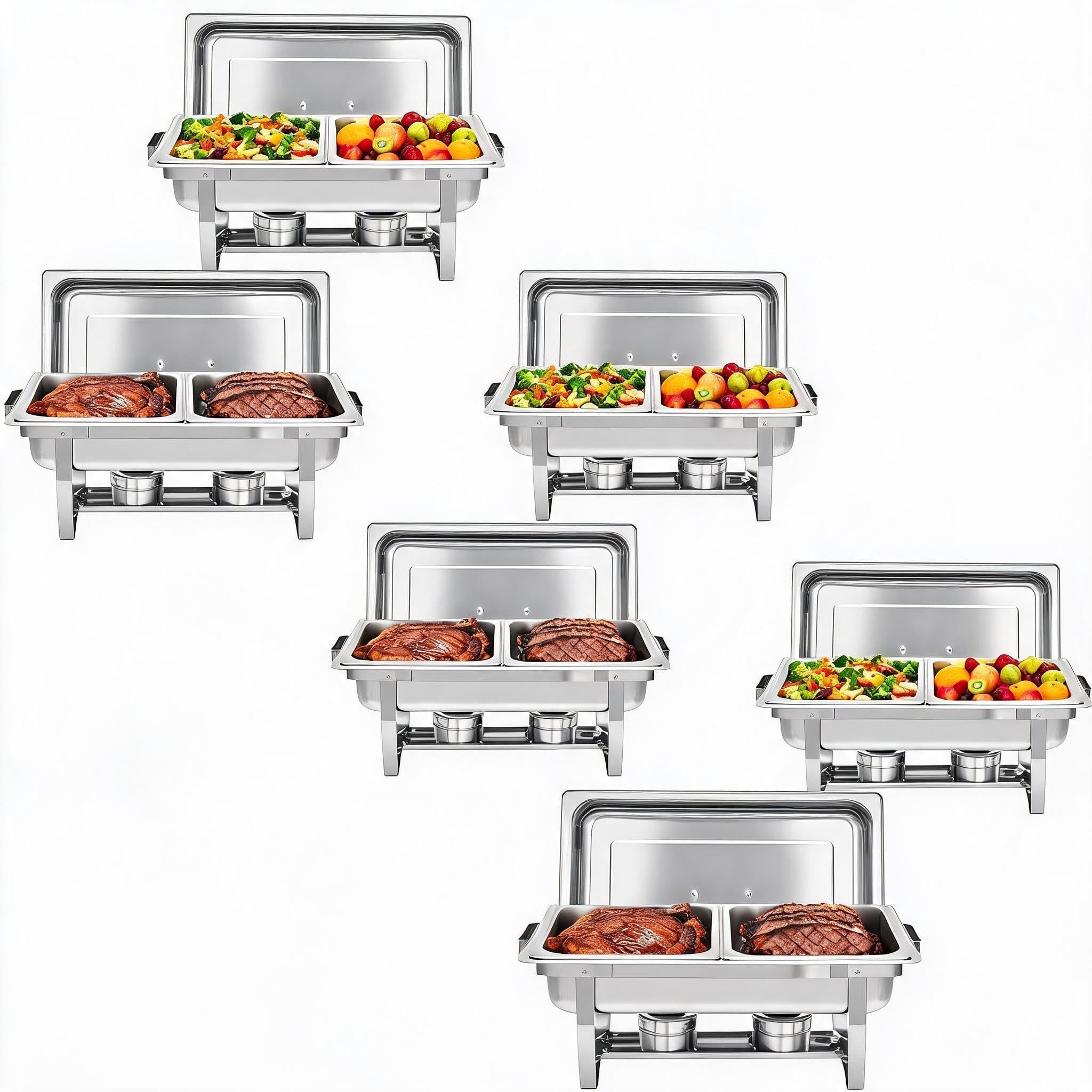Stainless Steel Double Compartment Rectangular Food Warmer - Insulated Portable Catering Buffet Food Warming Trays Stackable Hot Food Display, 6PCS