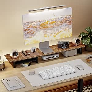 PEGZONE 46" Dual Monitor Riser, Wooden Desk Organizer with Metal Shelf