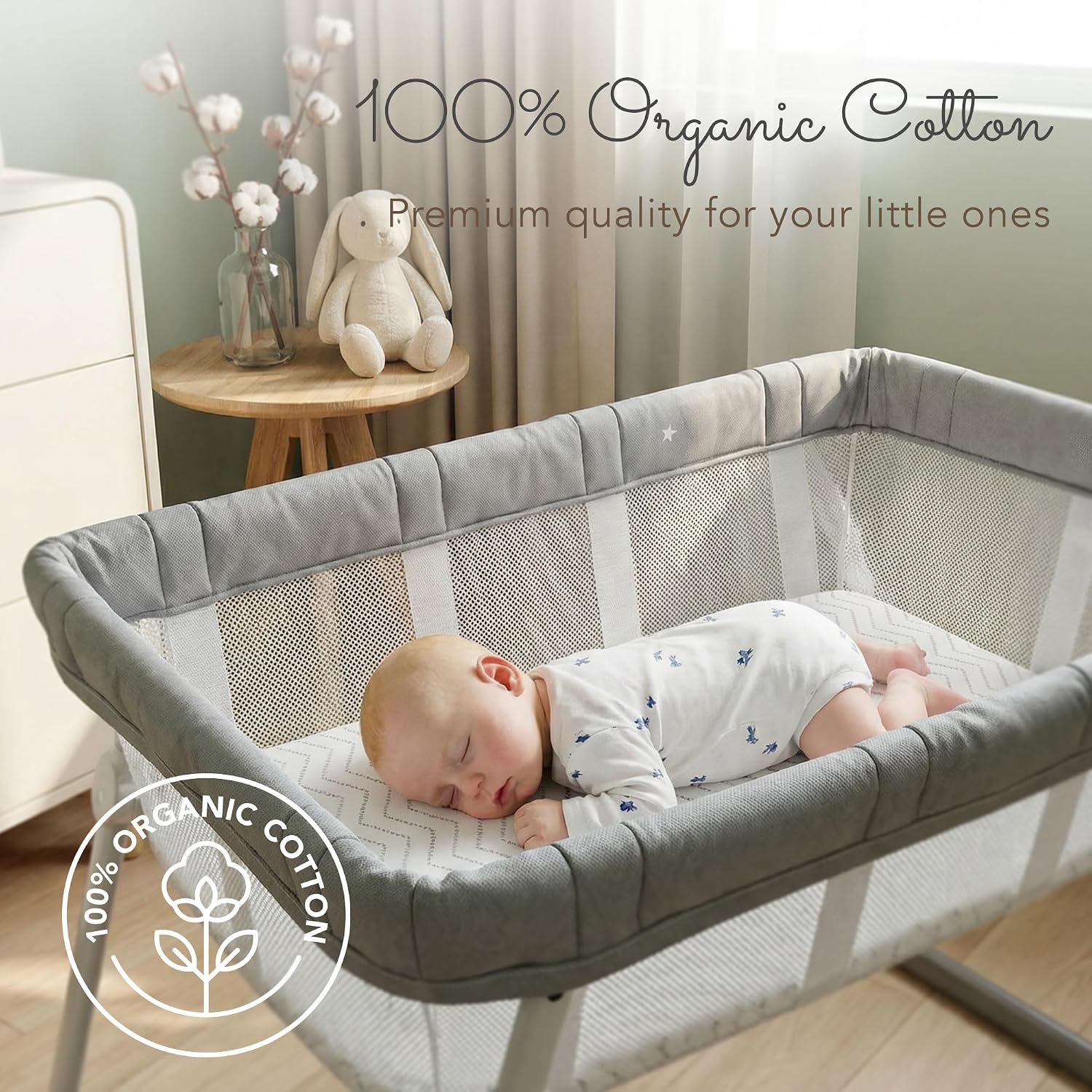 100% Organic Cotton Bassinet Sheets for Guava Lotus Bassinet, 2 Pack – Breathable Soft Fitted Bassinet Sheets for Baby & Newborn, Unisex (Grey and White)