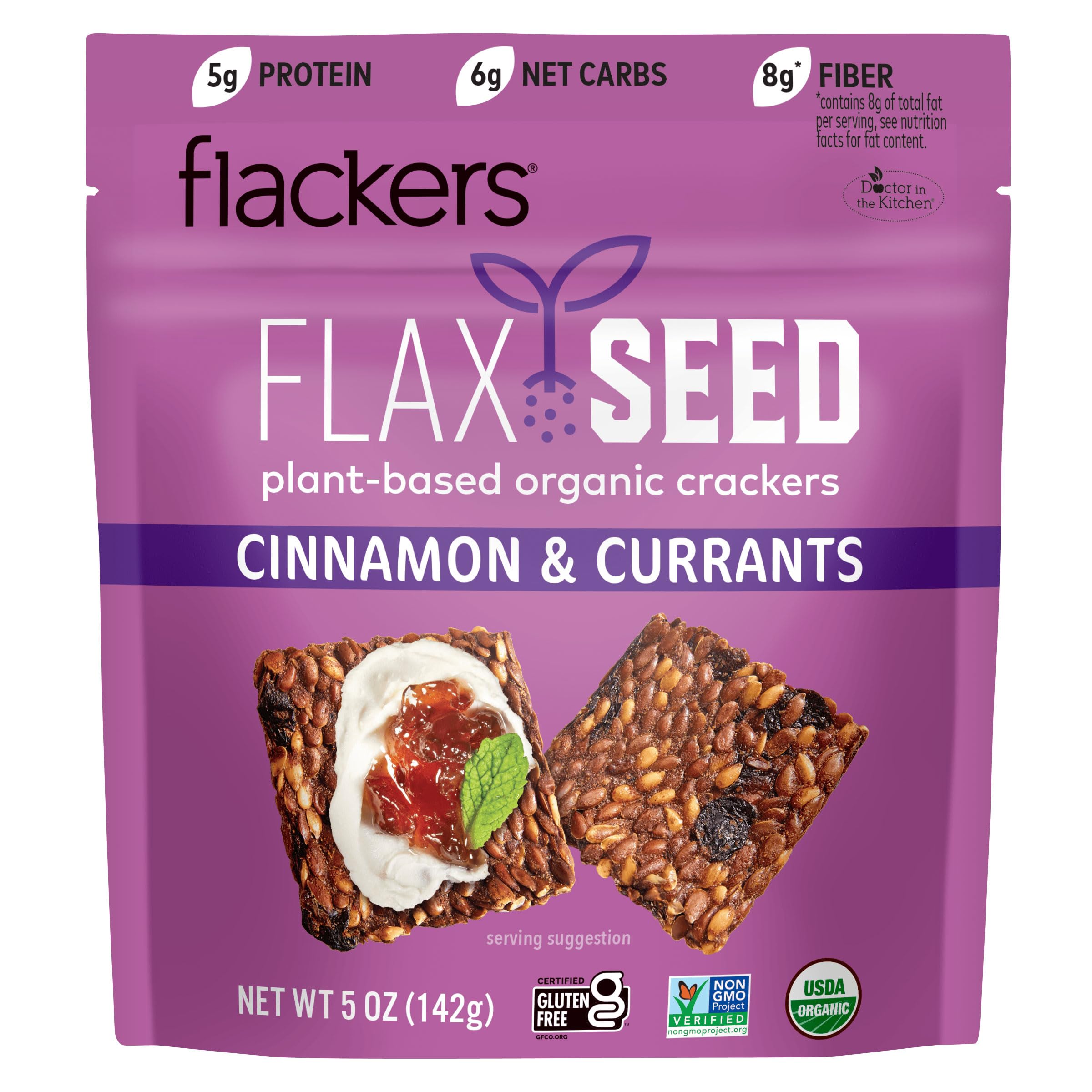 Flackers Organic Flax Seed Crackers Cinnamon & Currants, 5 Ounce 1 Pack, Gluten Free, Non GMO, Vegan, Naturally Sweet
