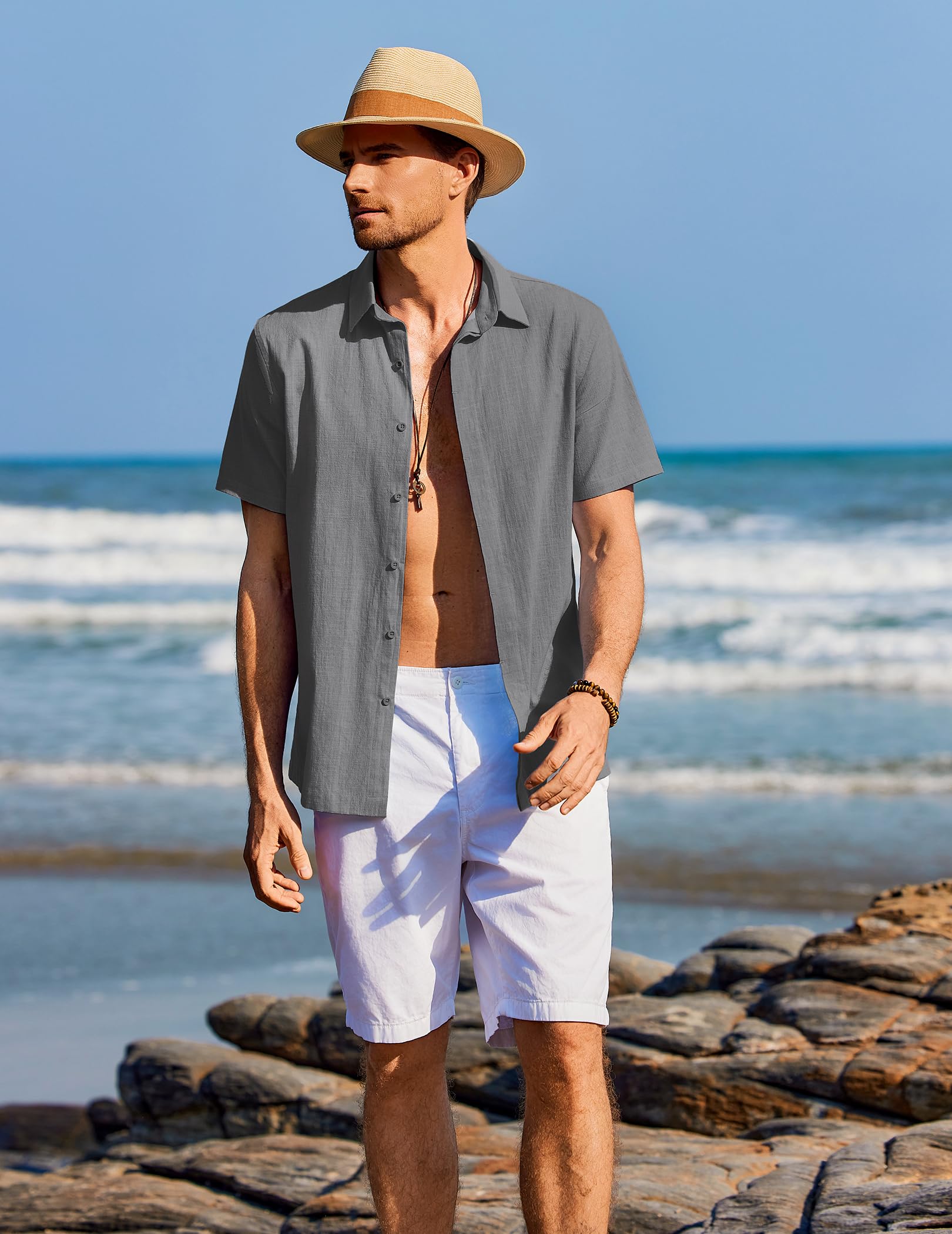 COOFANDY Camisa Hombre Manga Corta Verano 100% Algodón Camisas Hombre Casual Regular Fit - 5