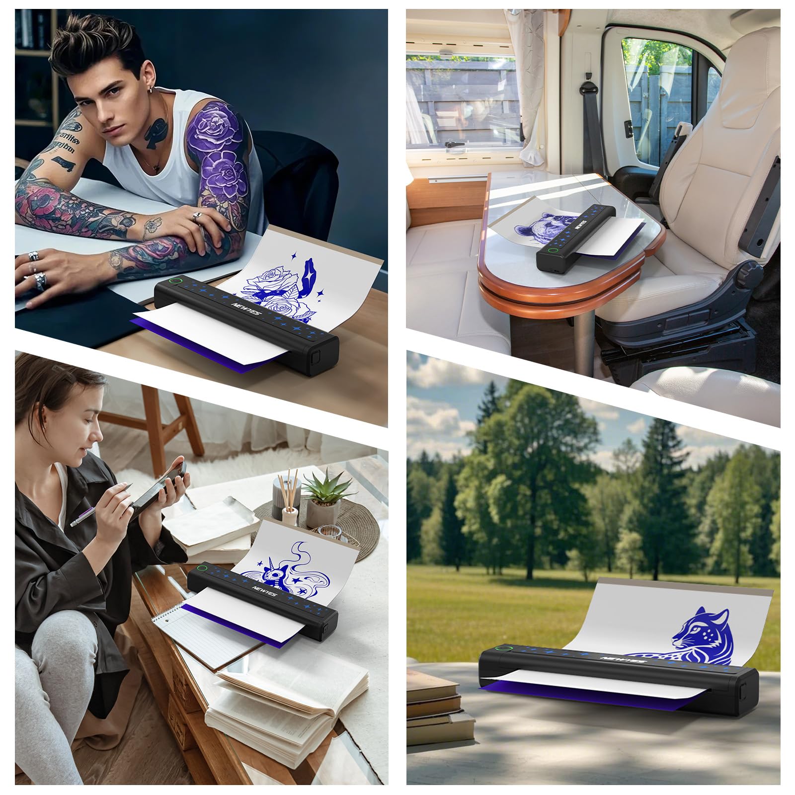 NEWYES Termocopiadora Tattoo, Impresora Térmica Portátil con 10 Hojas de Papel Transfer, Máquina de Tatuaje para Artistas y Principiantes, Impresión Mate Clara, Compatible con Móvil, Tablet y PC