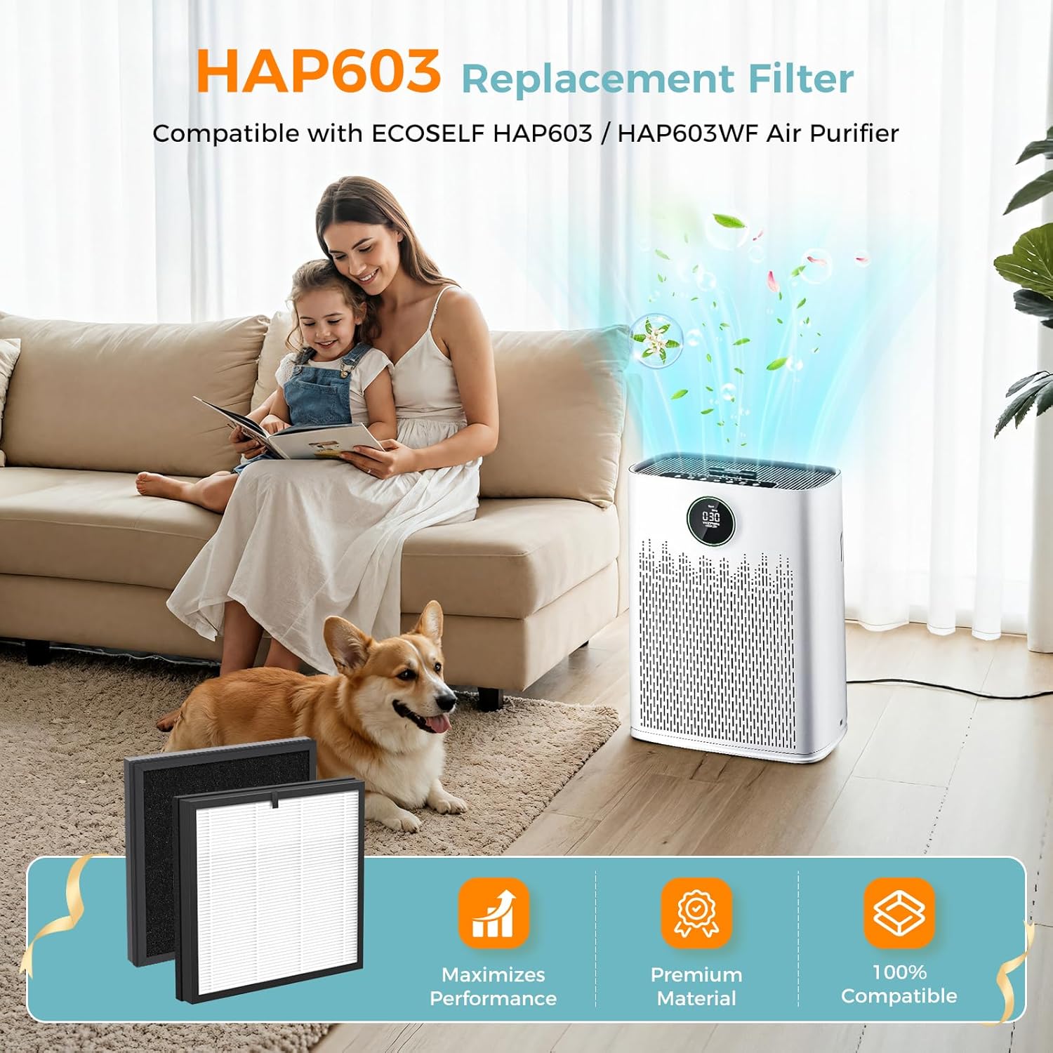 4 Pack HAP603 Replacement Filter Compatible with ECOSELF HAP603 / HAP603WF Air Purifier, 3-in-1 HAP603 Replacement Filterfor Home Large Room with Smart Mode, # RFHAP603 White - Image 2