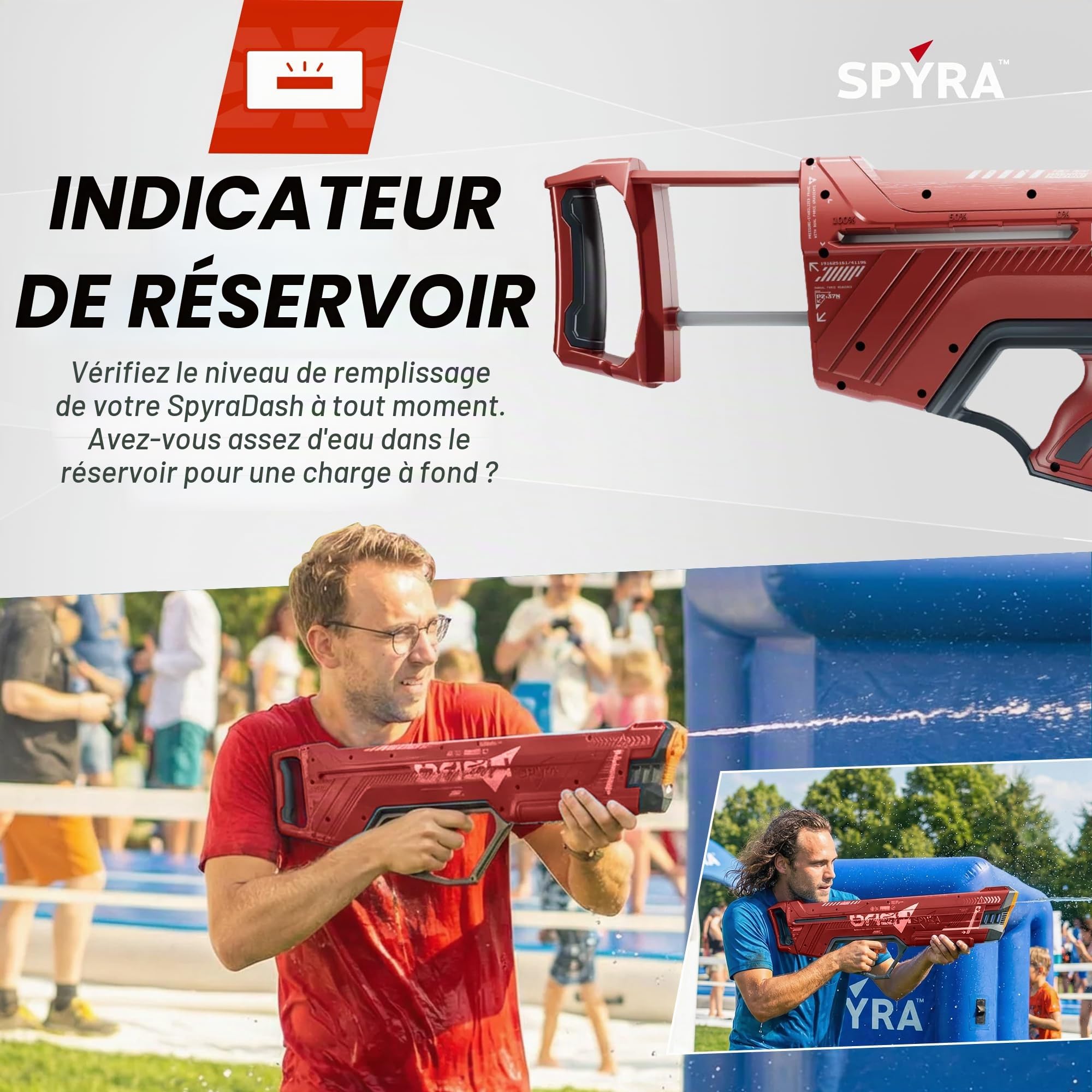 Spyra Dash Pistolet Eau Grande Porte extrmement Puissant avec mcanisme de Pompe Manuelle - Pas Besoin de Piles (Rouge)