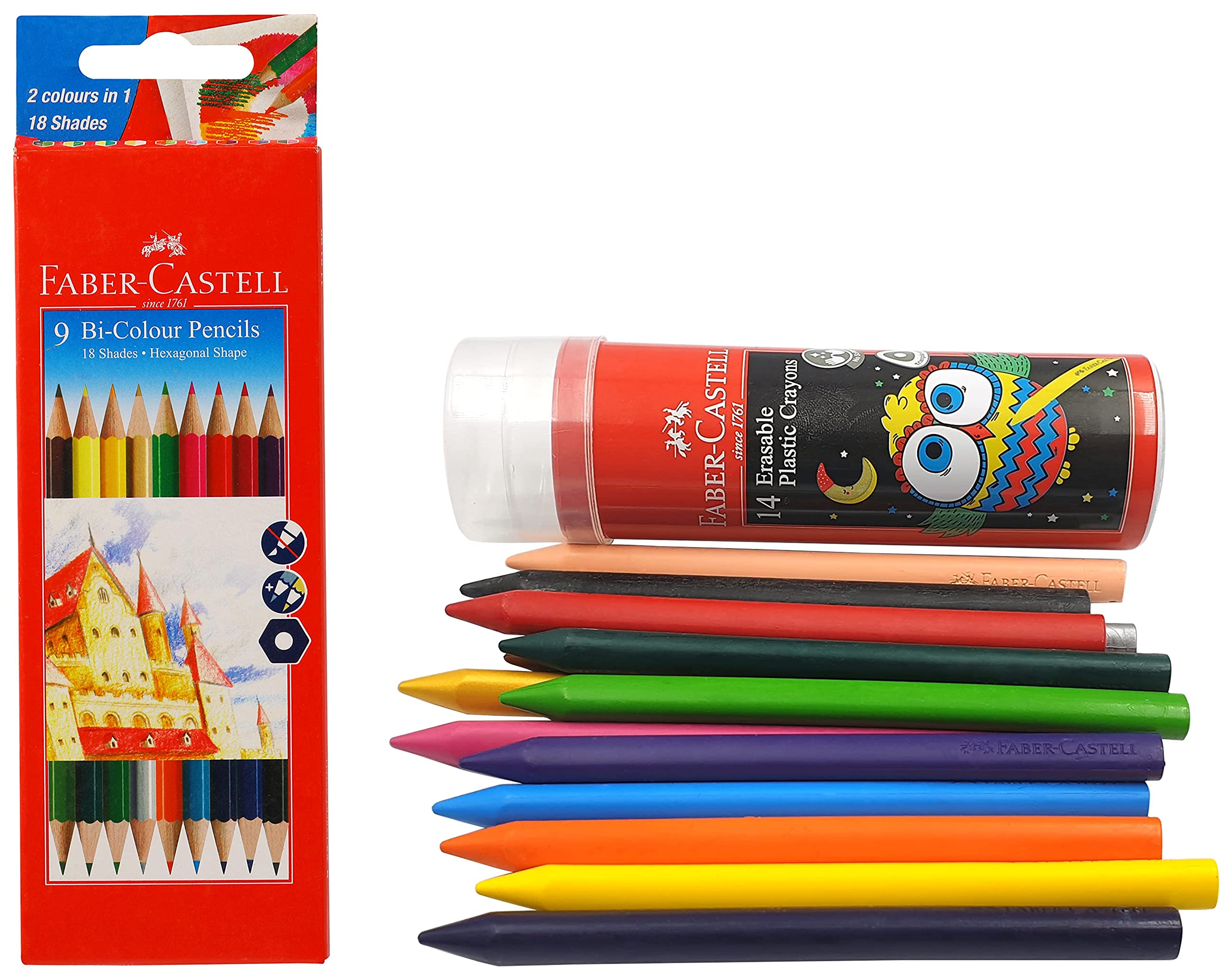 Faber-Castell Bi-Color Pencil Set - Pack of 9 Erasable Crayon Tin Set - Pack of 12 + 2 FREE Gold and Silver (B0BQ1Z9SQS) Amazon Price History, Amazon Price Tracker