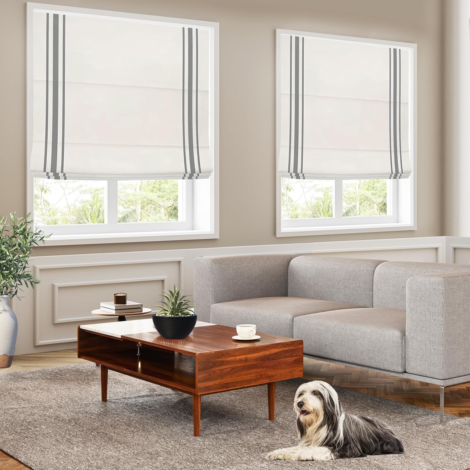 Cordless Roman Shades with Ribbon Border, White Light Grey Room Darkening Roman Window Shades, Custom Washable Fabric Roman Shades for Windows,Kitchen Windows, Doors