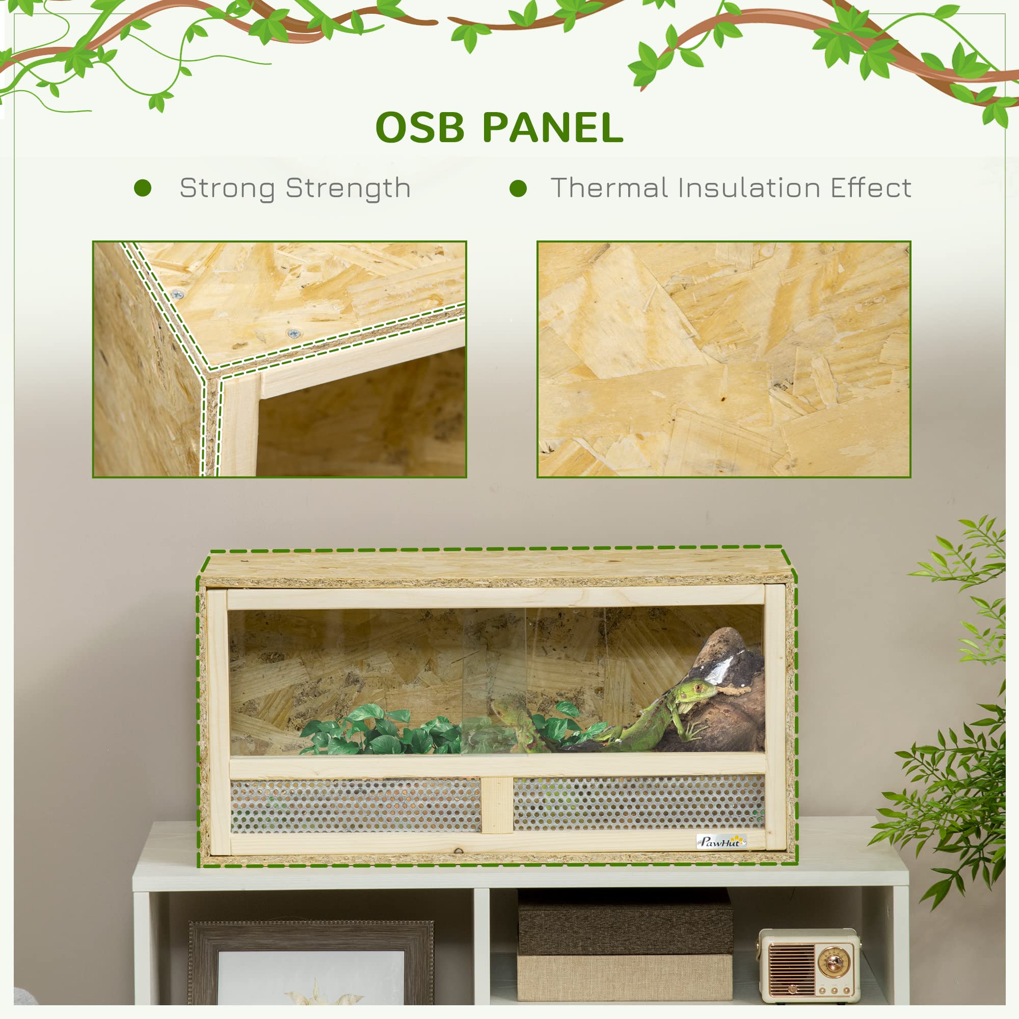 PawHut Wiwarium terrarium dla gadów, pnące pojemniki dla zwierząt domowych, siedlisko gadów z przezroczystymi drzwiami przesuwnymi, oddychająca siatka, dla jaszczurek, rogatych żab, węży i kameleonów, 60 x 29,5 x 29,5 cm