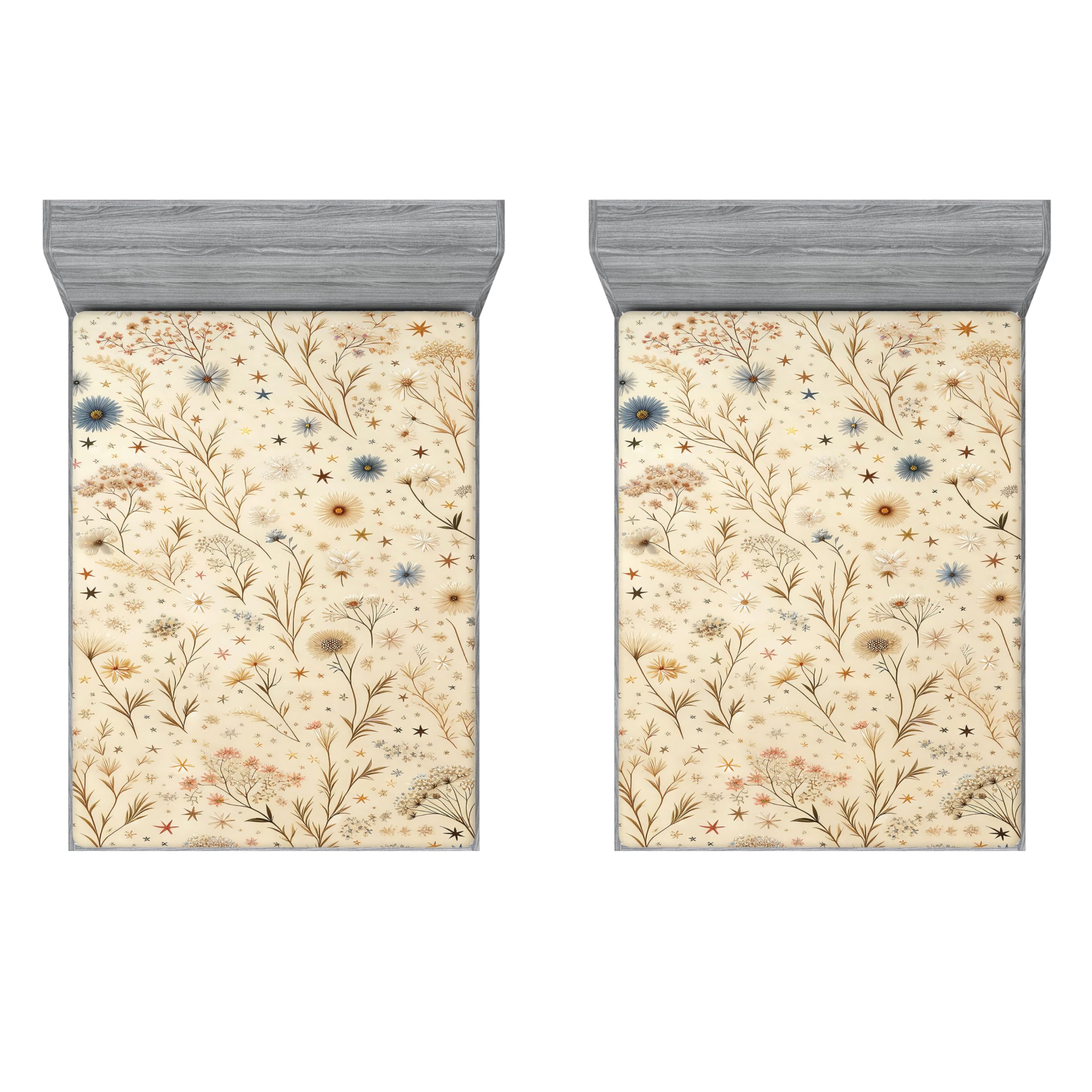 Ambesonne Floral Dream 2 Pack Fitted Sheet, Earthy Leaves Stars, Bed Cover All-Round Elastic Deep Pockets 2 Pieces, Package Contains 2 Full Size Fitted Sheets, Pastel Brown Slate Blue