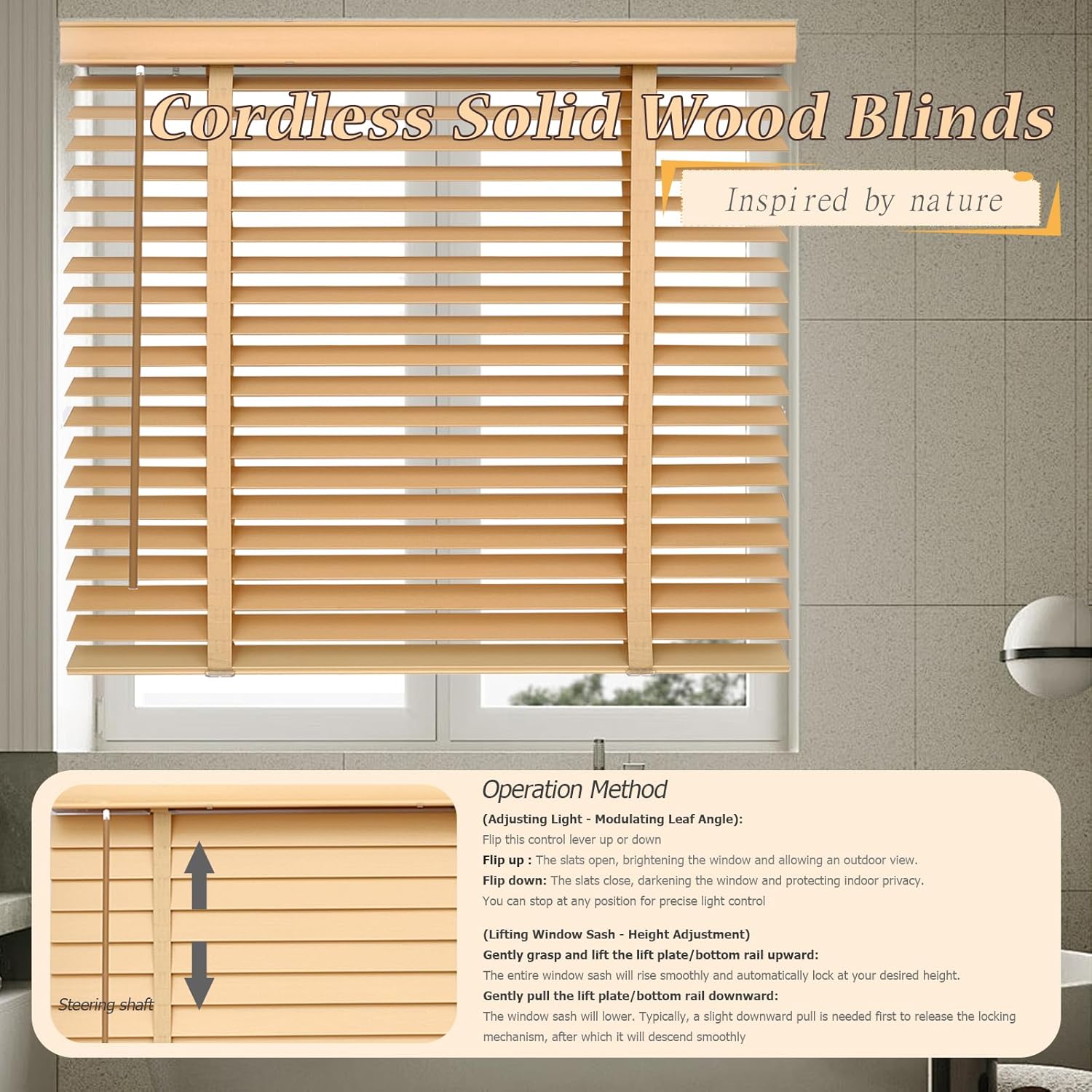 Cordless 2" Slats Wood Blinds for Indoor Windows, Room Darkening Horizontal Blinds Widths (22" to 76") for Indoor Windows & Doors (5560)