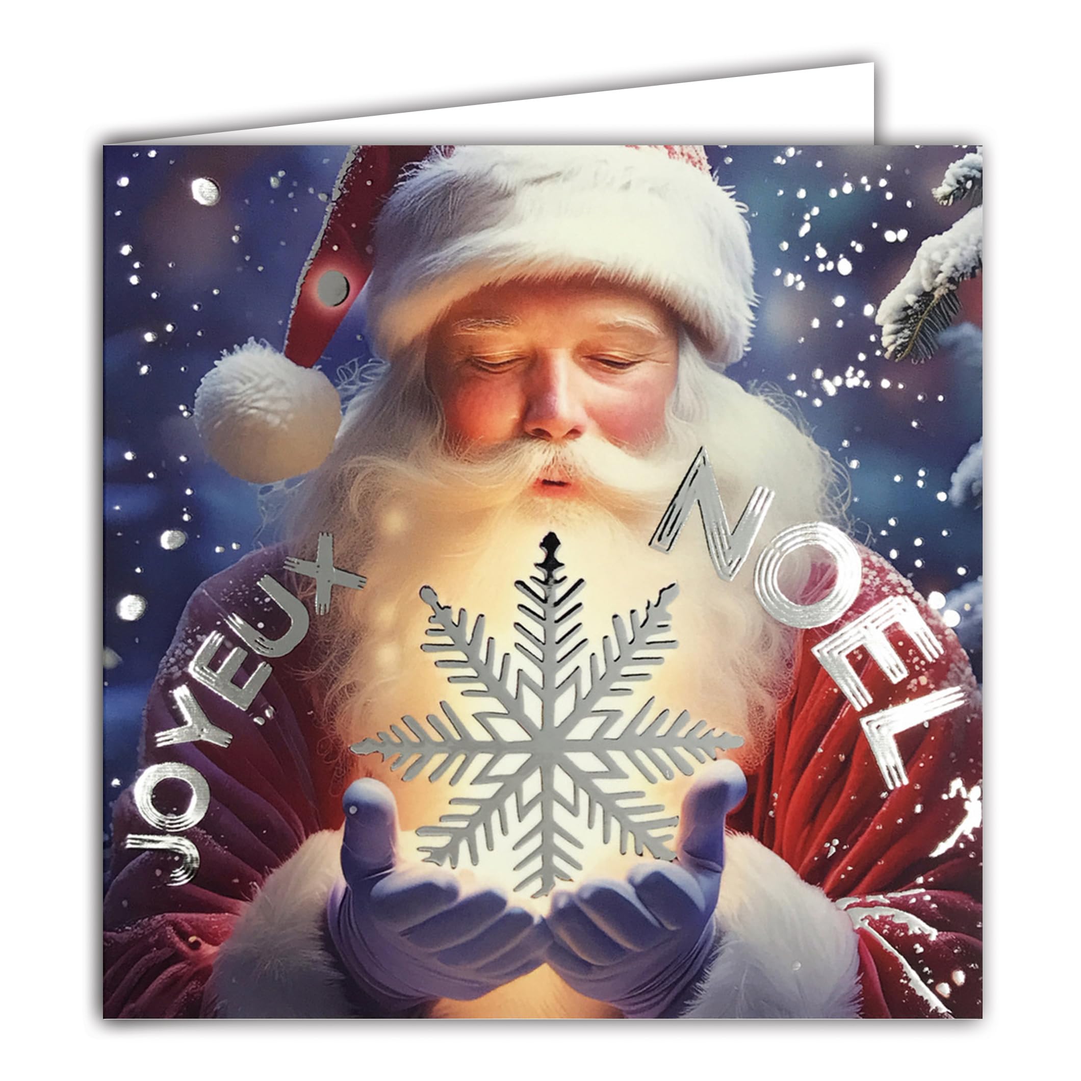 23093 Square Card Merry Christmas Santa Claus Snowflake Silver Shiny with White Square Envelope Size 15 x 15 cm – Blowing on the Snow in His Gloved Hands – Made in France