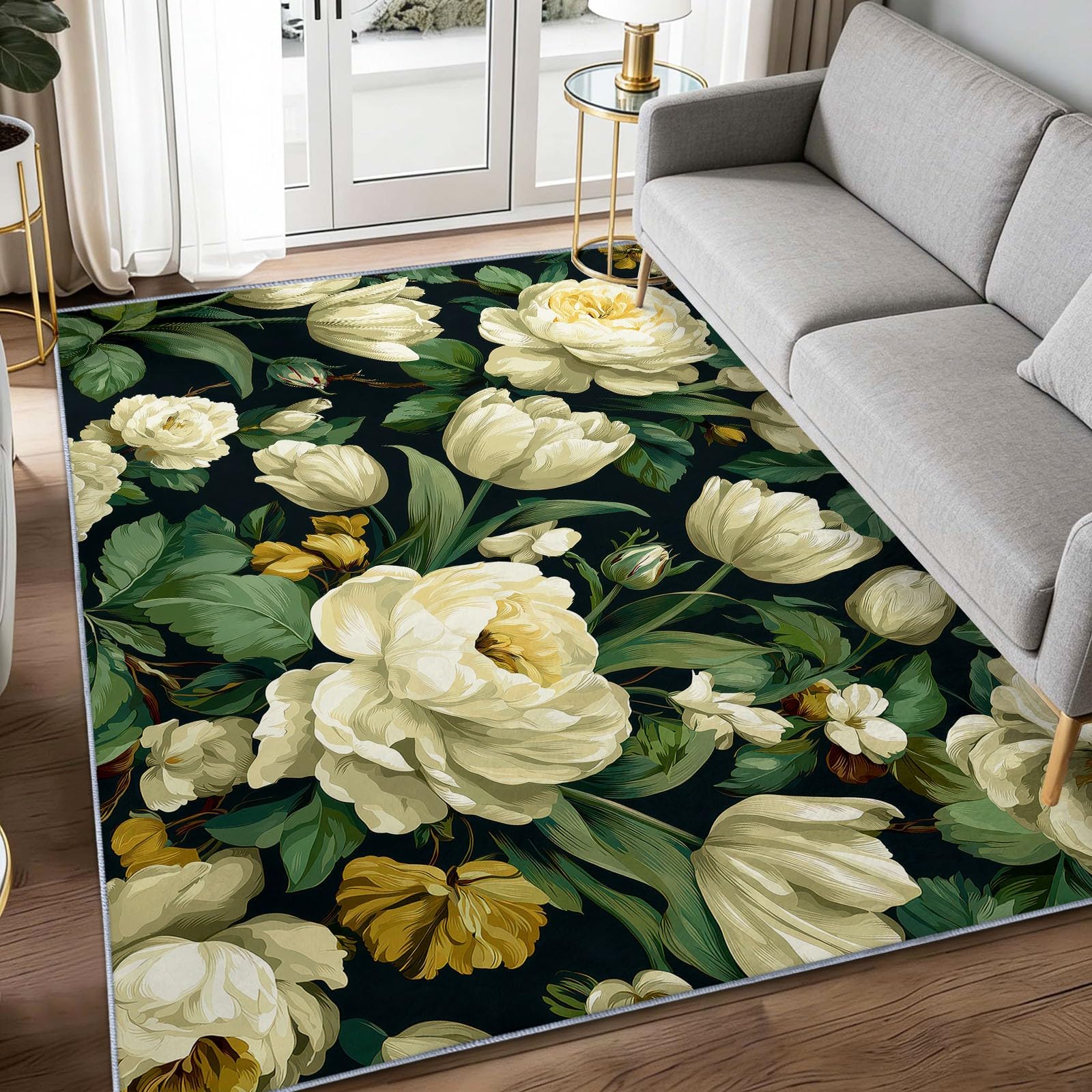 Tapis salon fleurs 140x200cm lavable moderne à poils courts