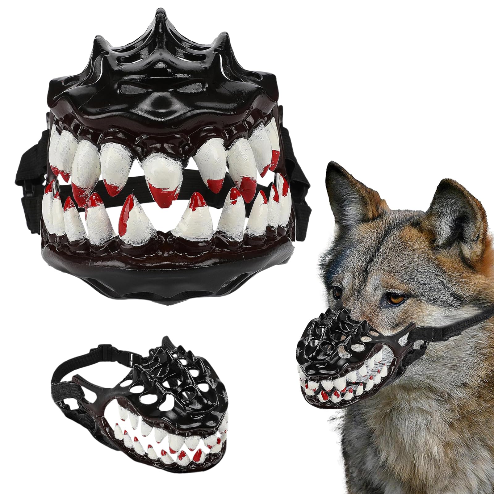 TECHPLUSScary Dog Muzzle with Teeth – Spooky Halloween Dog Mask for Medium Sized Dogs, Comfortably Adjustable Dog Mouth Headgear, Latex Material
