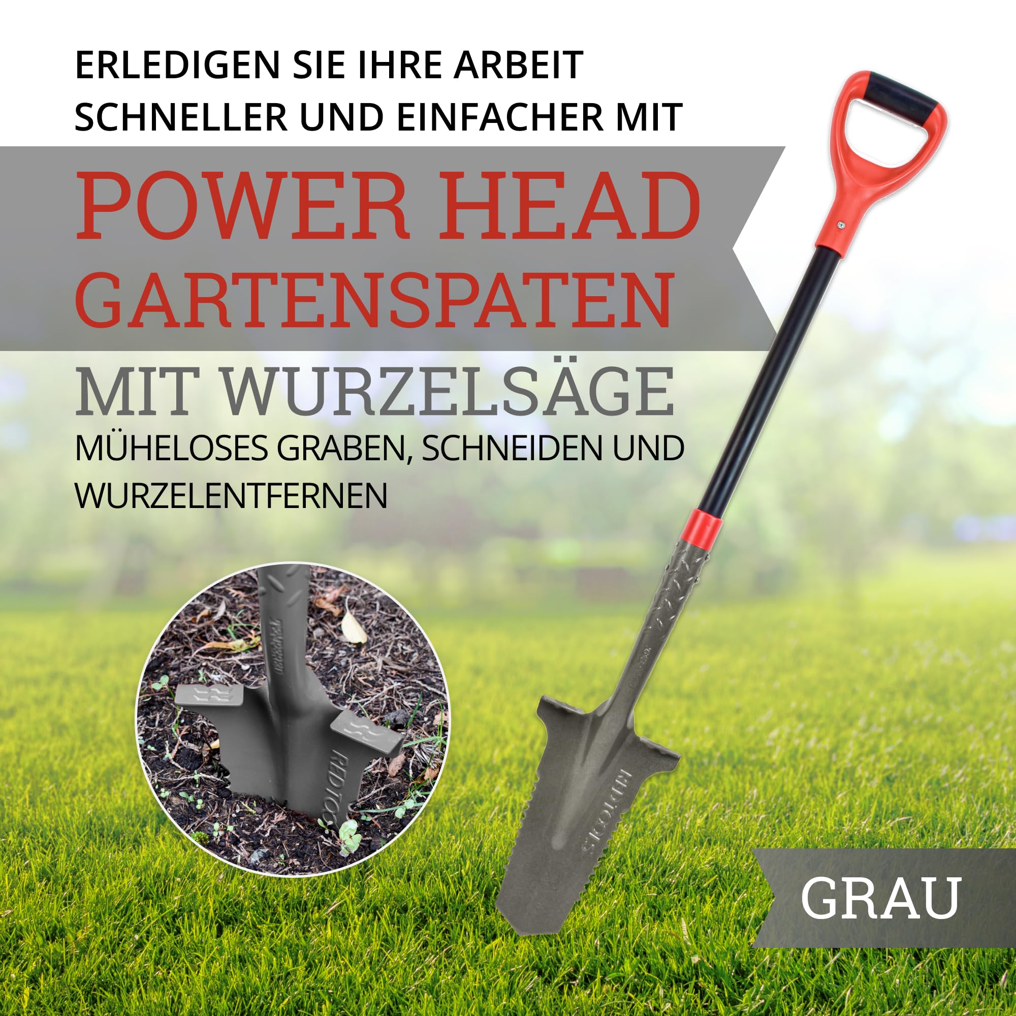 Gartenspaten Spaten mit Wurzelsäge 115 cm Wurzelspaten Spitzspaten 50Mn Stahl 3 mm für Harte Böden mit Trittkante Softgriff
