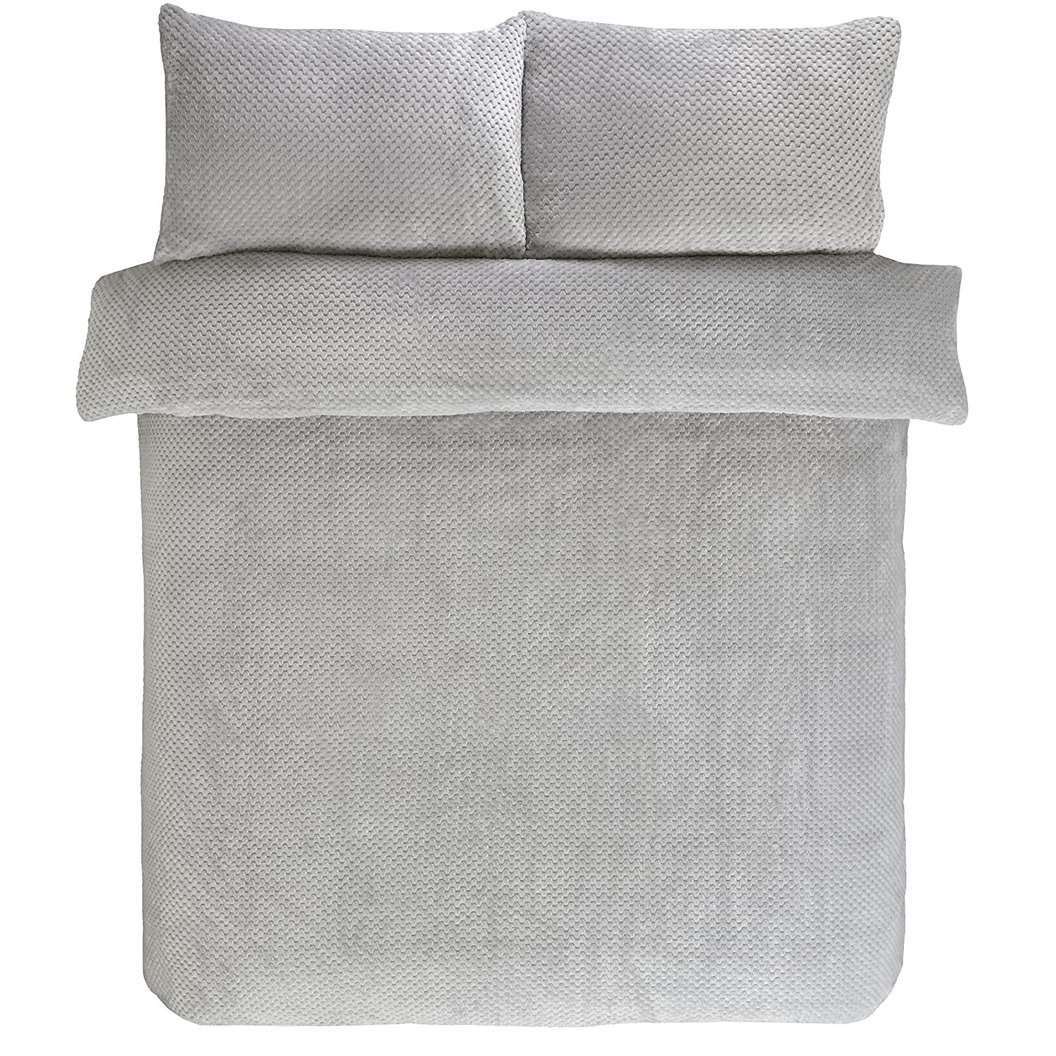 Sleepdown Waffle Teddy Fleece Silver Warm And Cosy Reversible Soft Duvet Cover Quilt Bedding Set With Pillowcases - King (220cm x 230cm)