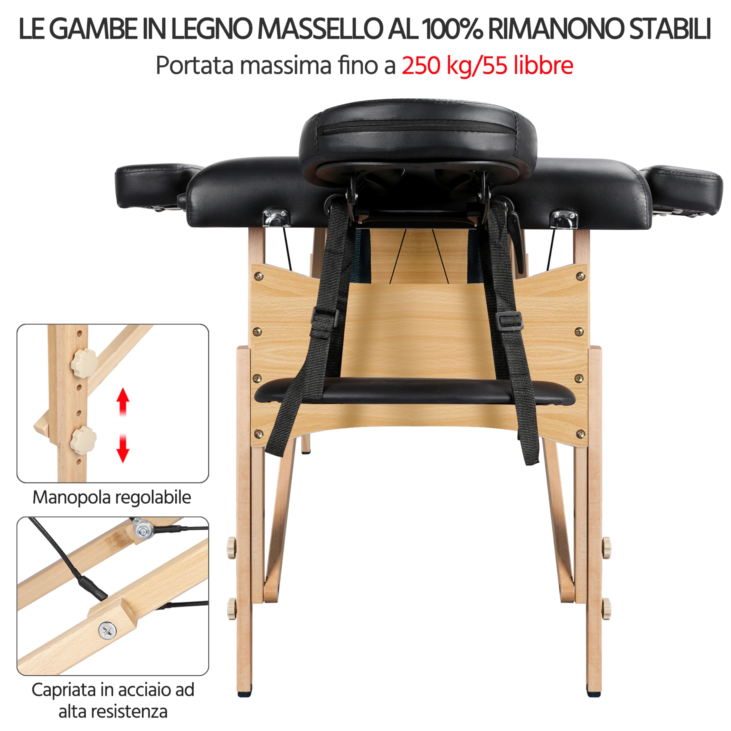 Yaheetech Lettino da Massaggio Pieghevole Portatile 2 Zone Portata 250 kg in Legno Faggio 213 x 70 cm per Fisioterapia Altezza Regolabile Poggiatesta e Briaccioli Rimovibili