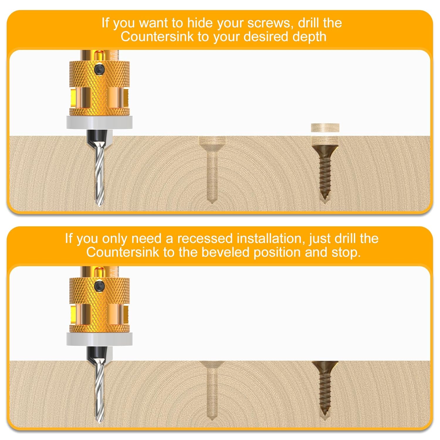 5Pcs Countersink Drill Bit Set, Adjustable Bit Depth Stop with 1/4" Hex Shank Screwdriver Bit, HSS M2 Bits 1/8" 9/64" 5/32" Drill+3/8" 82°Counter-Bore, 11/64" 3/16" Drill+ 1/2" 82°Counter Bore