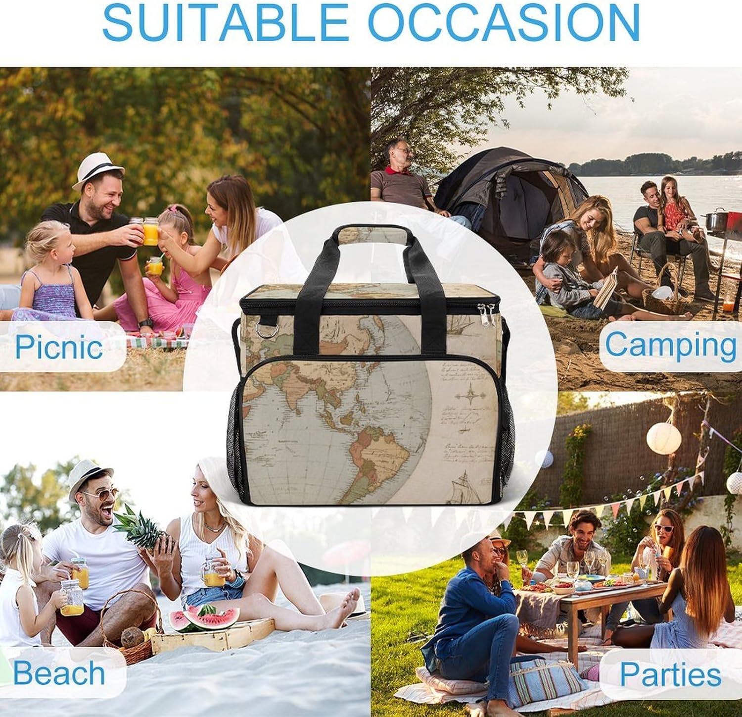 Insulated Picnic Backpack Tote Bag, Large Capacity 30L Paper Map Cooler Bag Leakproof Beach Bags Portable Lunch Box Waterproof Picnic Basket for Beach Camping BBQ