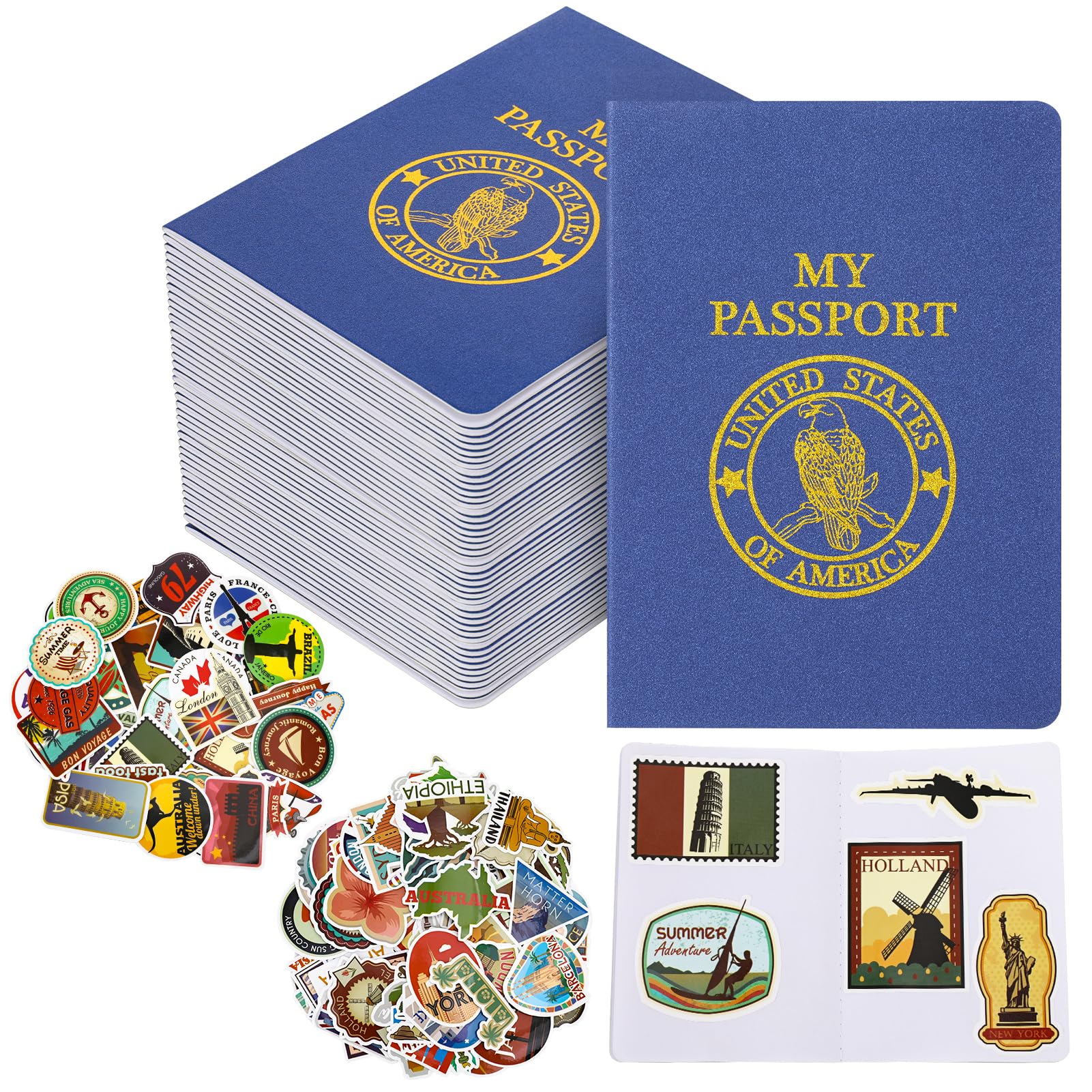 40 quaderni vuoti per passaporto, 400 adesivi per diario di viaggio, passaporto finto per bambini, 14 x 9 cm, bomboniere per bambini, scuola, viaggi, giochi, premi