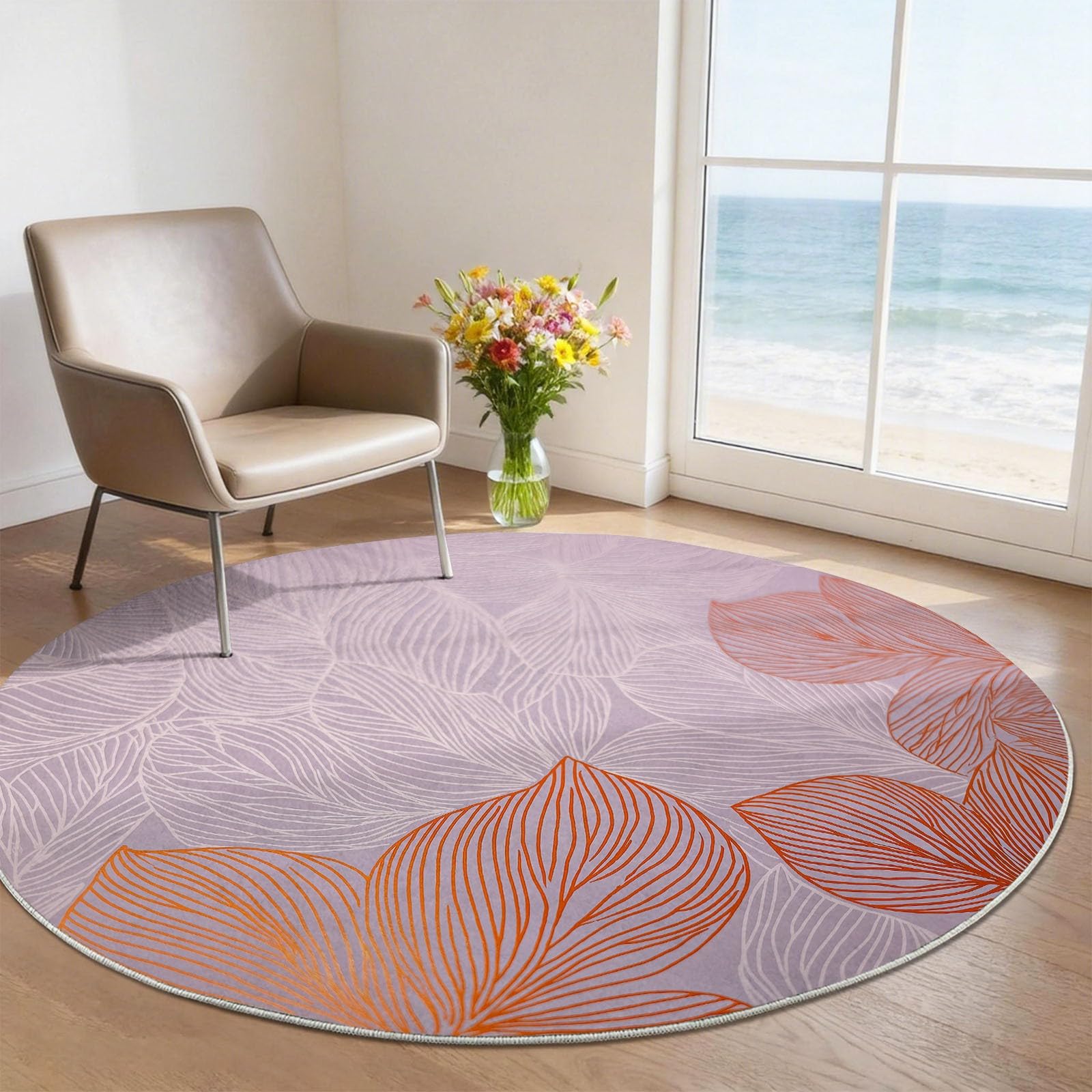 Rose Tapis Rond Lavable en Machine, Nature Minimaliste Anti Slip Tapis