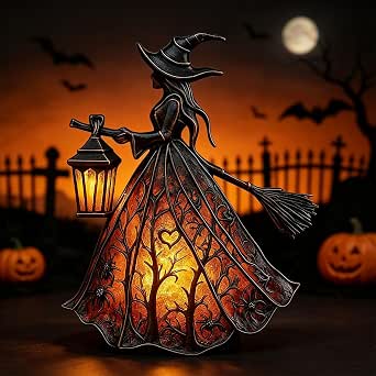 Gothic Spooky Halloween Witch Figurine Lantern, 7 Inch Halloween Witch Lamp