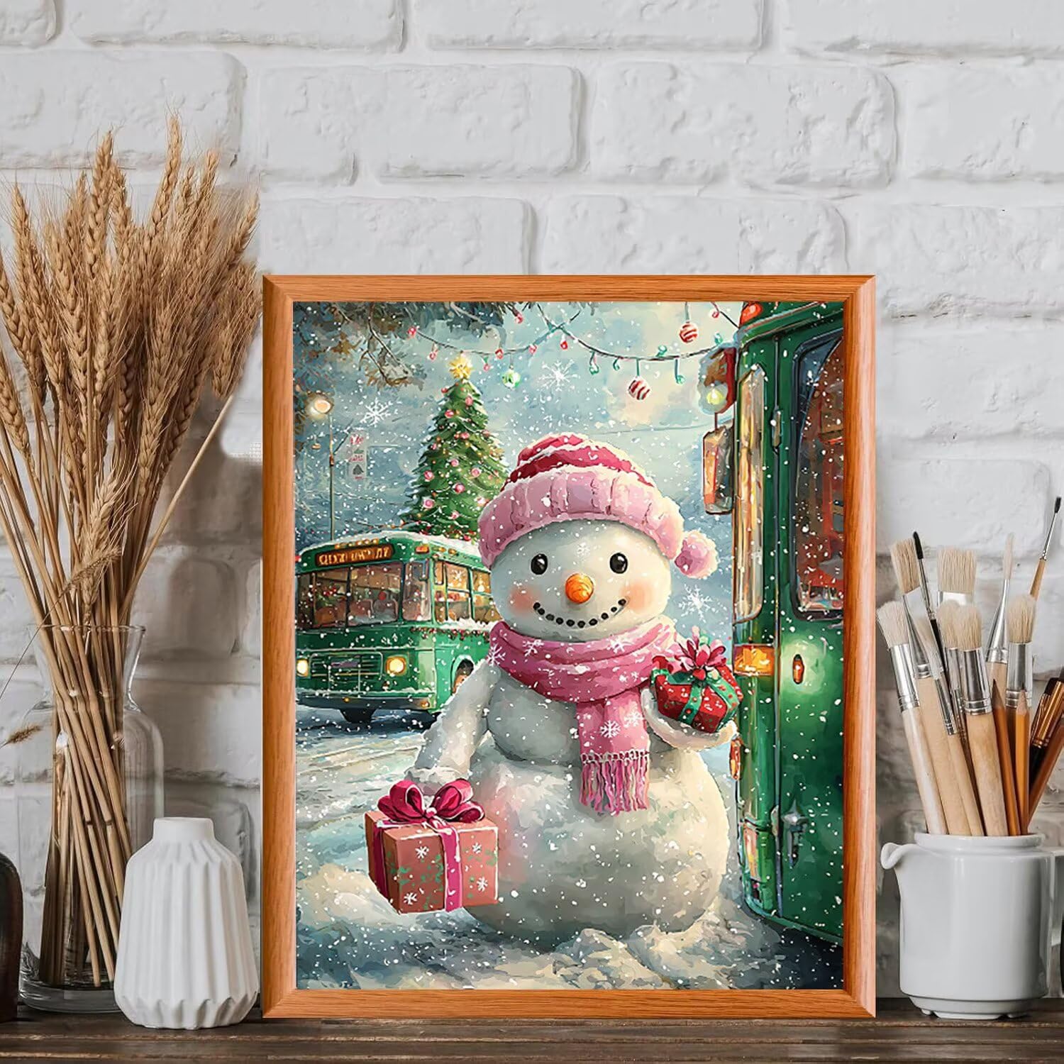 Bonhomme de neige et bus Peinture Numero Adulte Kits, 80x100cm m-1035