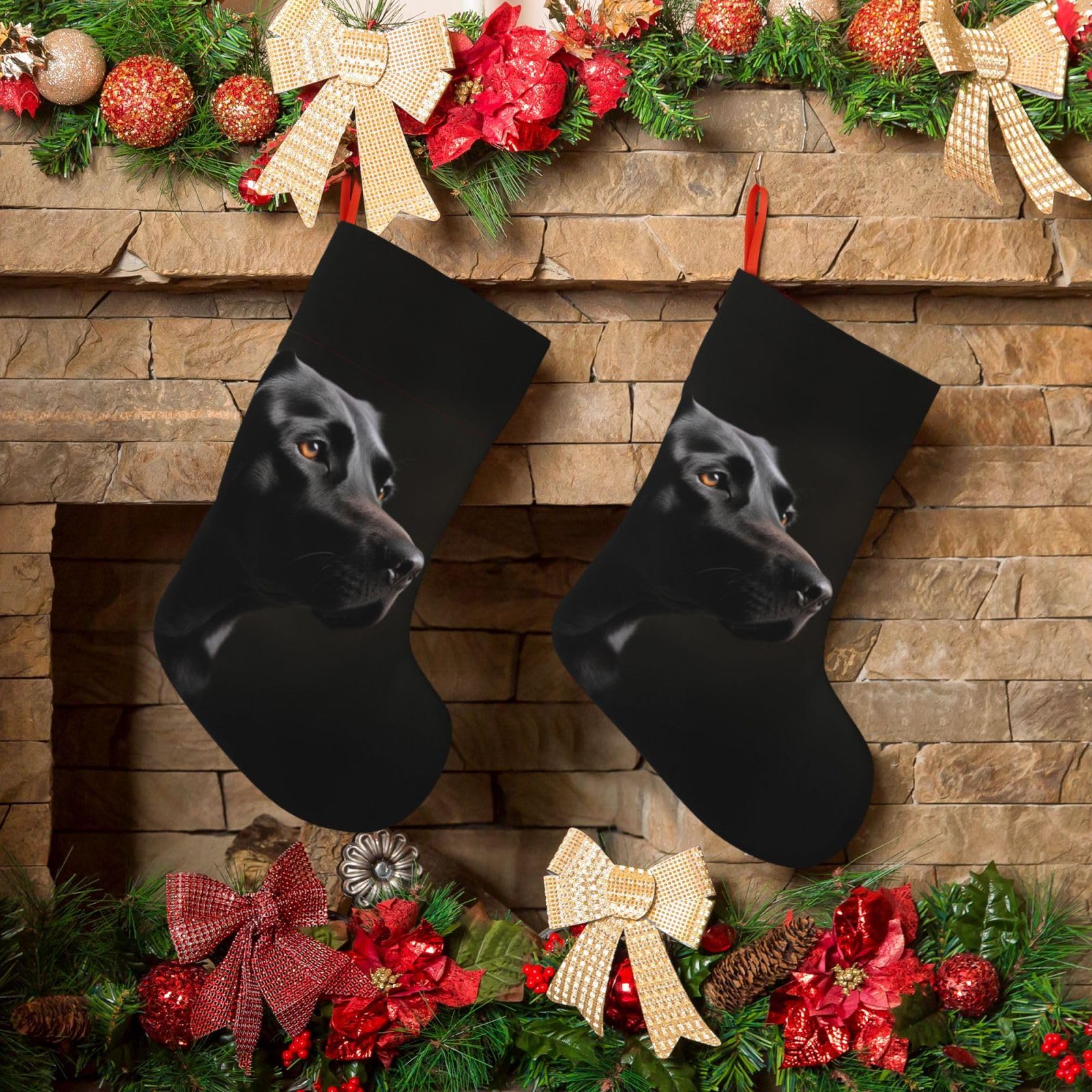 KLOPH Christmas Stockings 18" Personalized Xmas Stocking Black Labrador Decoration Stocking Hanging Fireplace Stocking for Holiday Xmas Tree Christmas Fireplace Decor