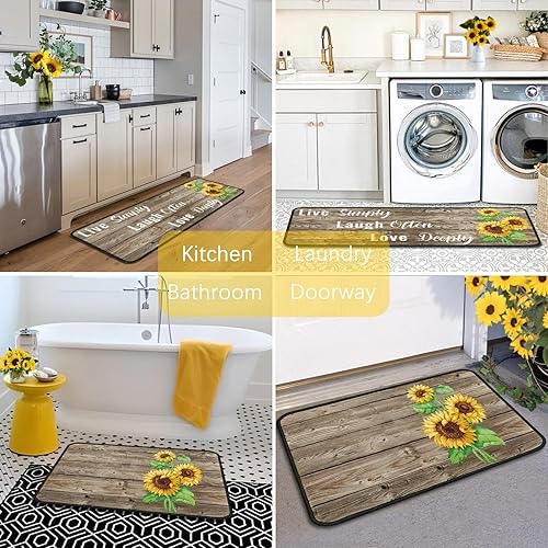 Miniatura 5 de Juego de 2 alfombras de cocina con diseño de girasol, antideslizantes, absorbentes, de microfibra, para dormitorio y casa de campo, 17 x 48 pulgadas