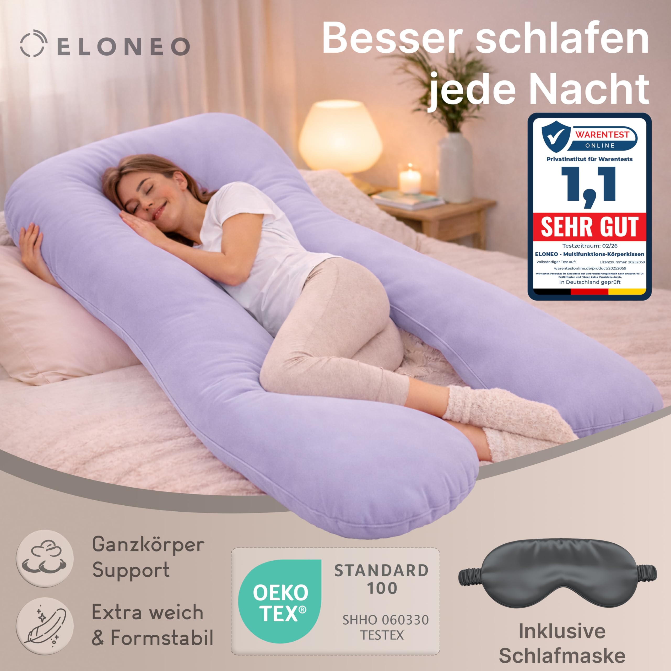 ELONEO NEU Seitenschläferkissen mit Bezug | Stillkissen | Schwangerschaftskissen XXL | Pregnancy Pillow | Komfortkissen für die Schwangerschaft | Lesekissen waschbar, lila