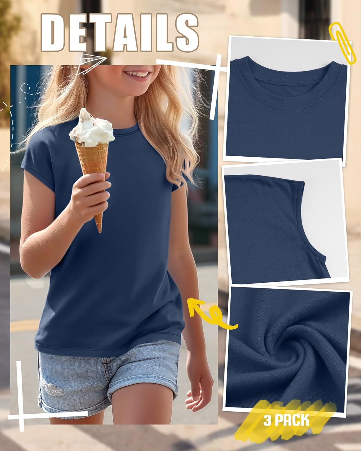 3 Pack Girls Cap Sleeve T-Shirts Crew Neck Solid Tops Teen Girls Casual Loose Summer Basic Tees 5-14 Years - Image 5