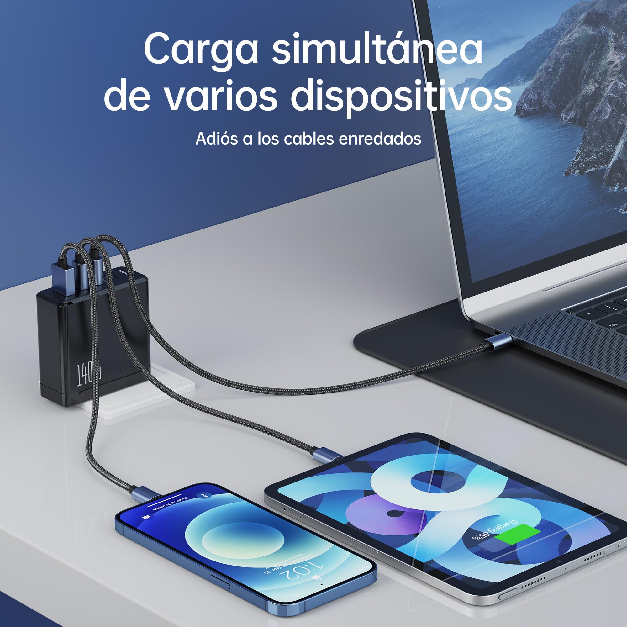 NOHON Cargador USB C Rápido Cargador: 140 W PD 3.0 GAN Fuente de Alimentación con Cable Tipo C Carga Rápida 140 W 1,2 M | 3 Puertos Compatible con iPhone 12 13 14 15 MacBook iPad Laptop Samsung S