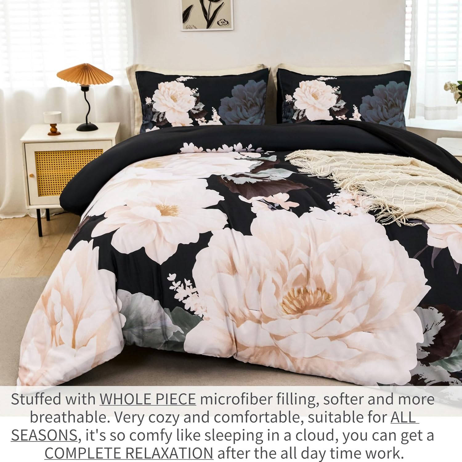 RYNGHIPY Cream Flowers Printed Comforter Set Queen Size Lightweight Soft Microfiber Bedding Set 1 Comforter 2 Pillocases (Black Beige,Queen Size) - Image 4