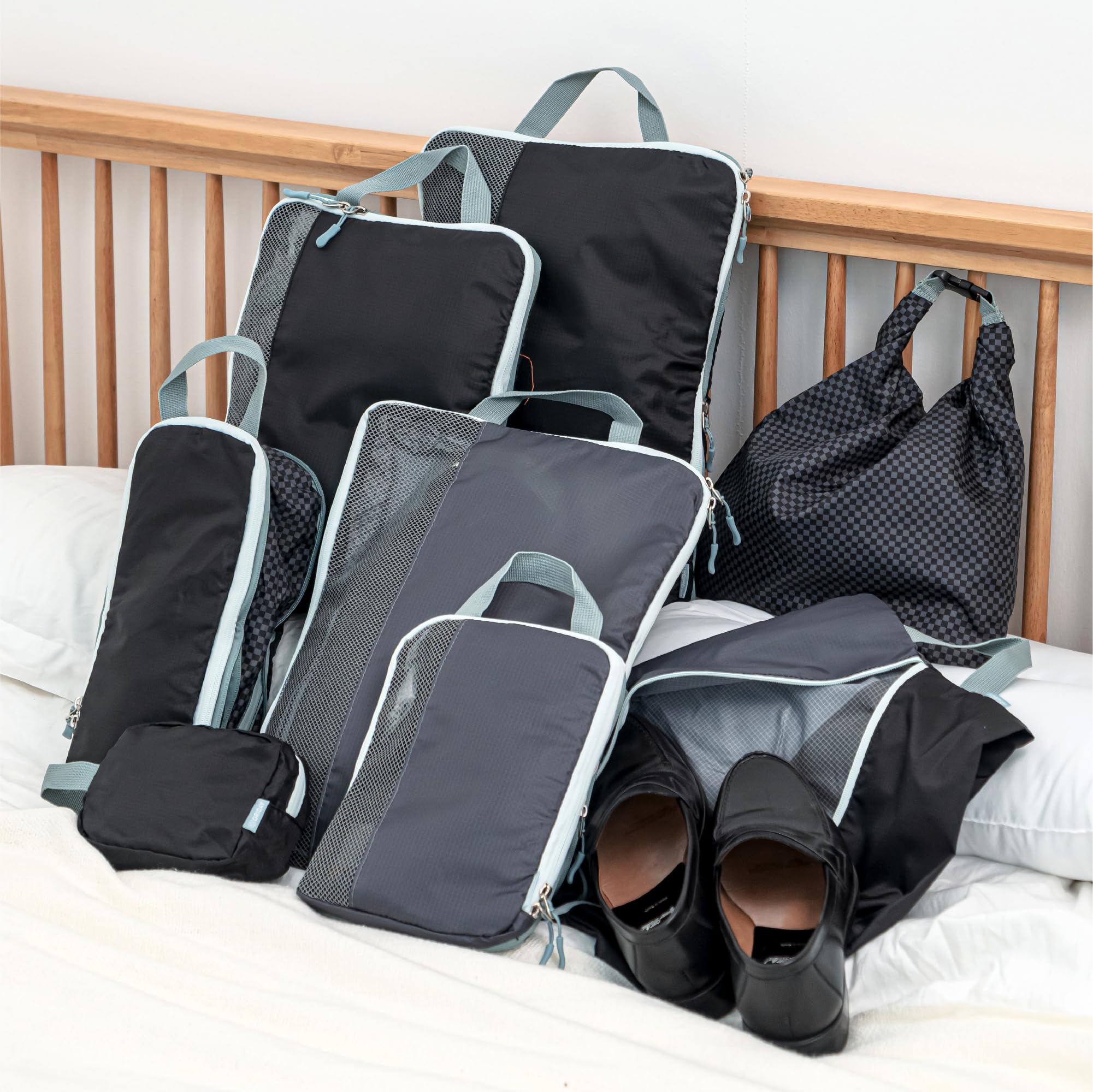 Set mit 8 Kompressions-Verpackungswürfeln für Reisezubehör, erweiterbare Taschen für Kleidung, Toilettenartikel, Rucksäcke, Organisation von wichtigen Gegenständen (schwarz und grau)