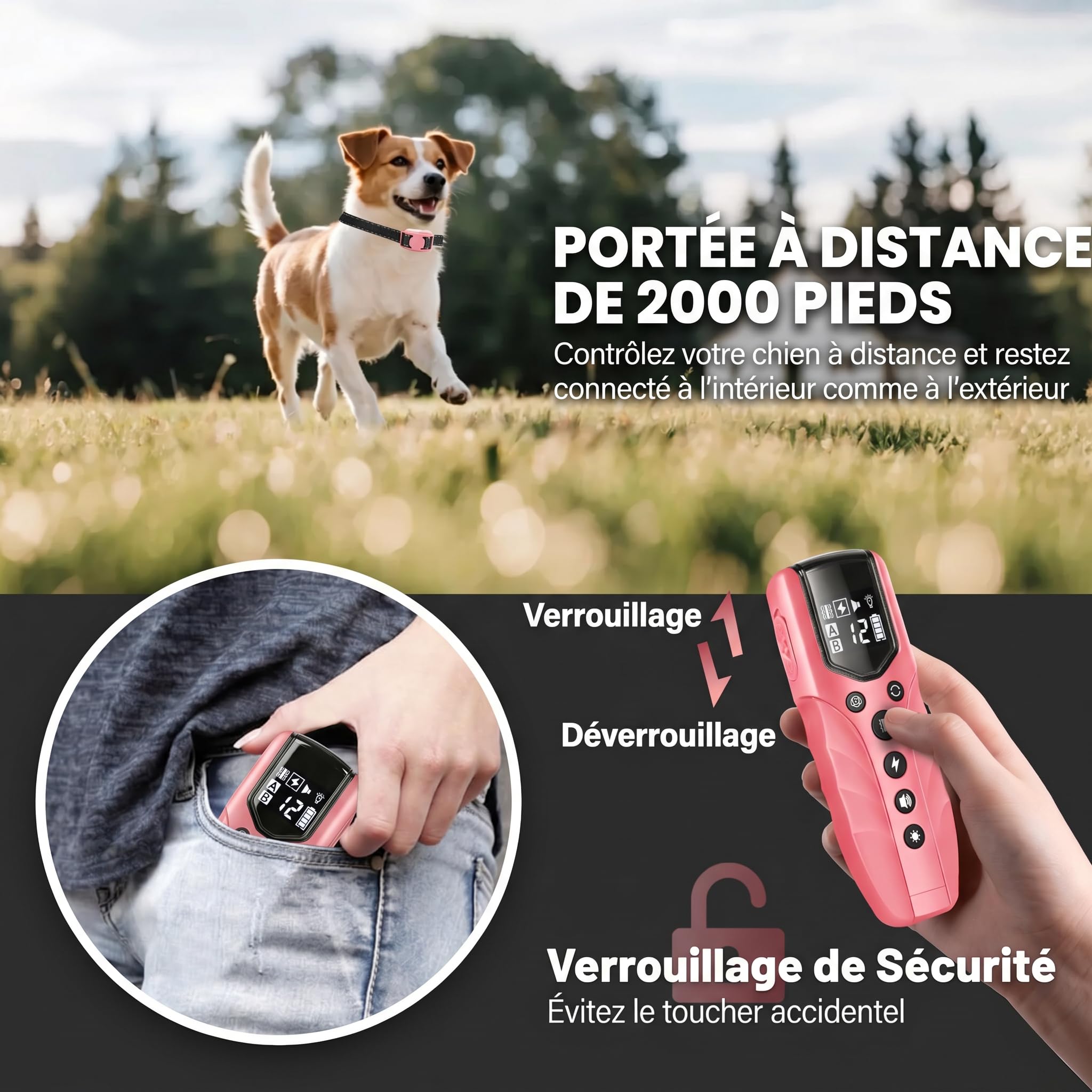 Collier de Dressage Chien avec Télécommande 2000 ft, Collier Électrique pour Chien Ultra Léger, Bip, Vibration, Collier Anti Aboiement Électrostatique, LED, Étanche, Rechargeable, Rose