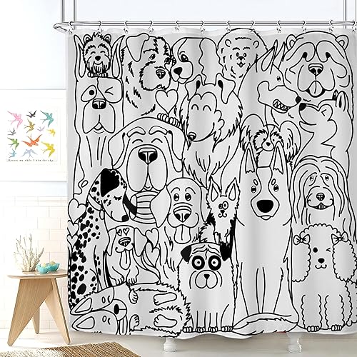 SVBright Divertida cortina de ducha con diseño de perro, 72 pulgadas de ancho x 72 pulgadas de largo, diseño de dibujos animados en blanco y negro,