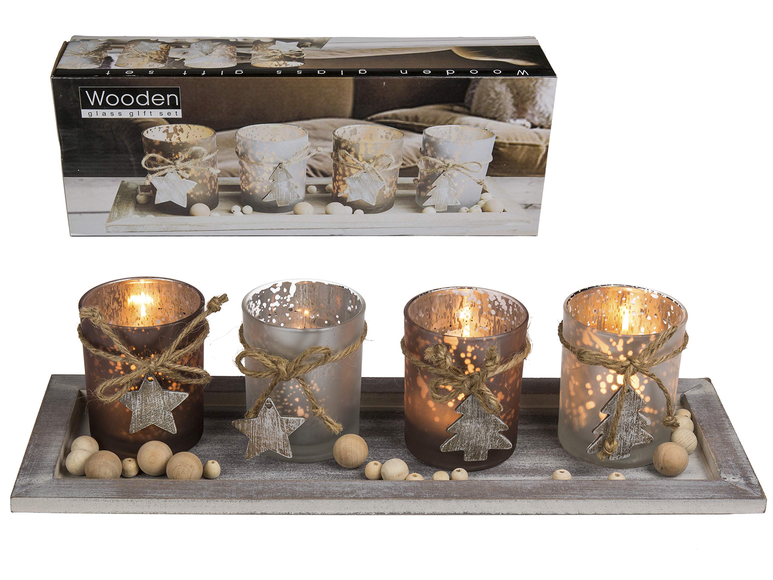 MC-TrendMC Trend 4 Glass Tea Light Holder Wooden Tray Christmas Tree Star Decoration Candle Holder Advent Christmas Home Accessories Table Decoration Approx. 40 x 15 cm