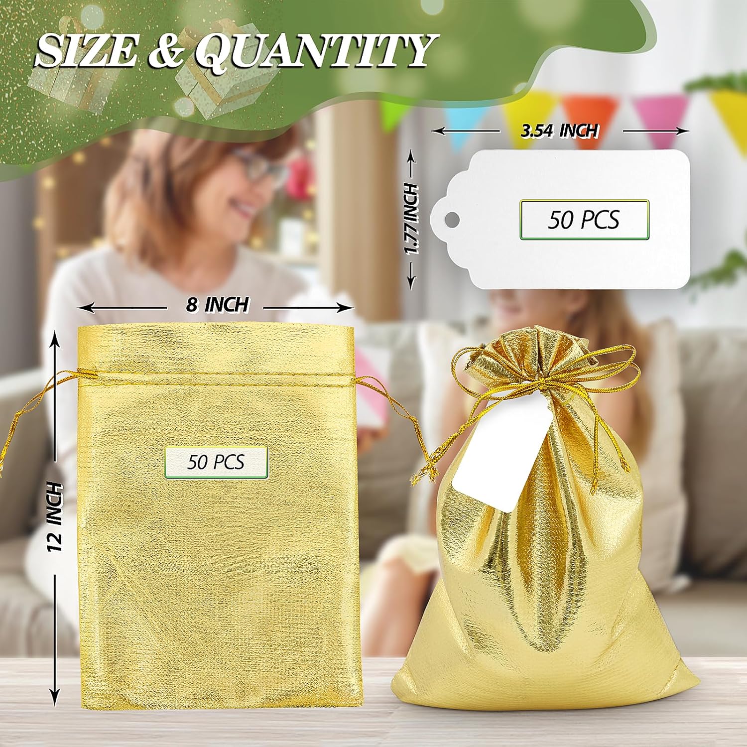 DOYIDE 50Pcs Gold Drawstring Gift Bags, 8x12in Jewelry Bags Drawstring Pouches, Shiny Wedding Party Favor Bags, Sachet Bags Empty for Birthday Party Christmas Baby Shower Candy Favors - Image 2