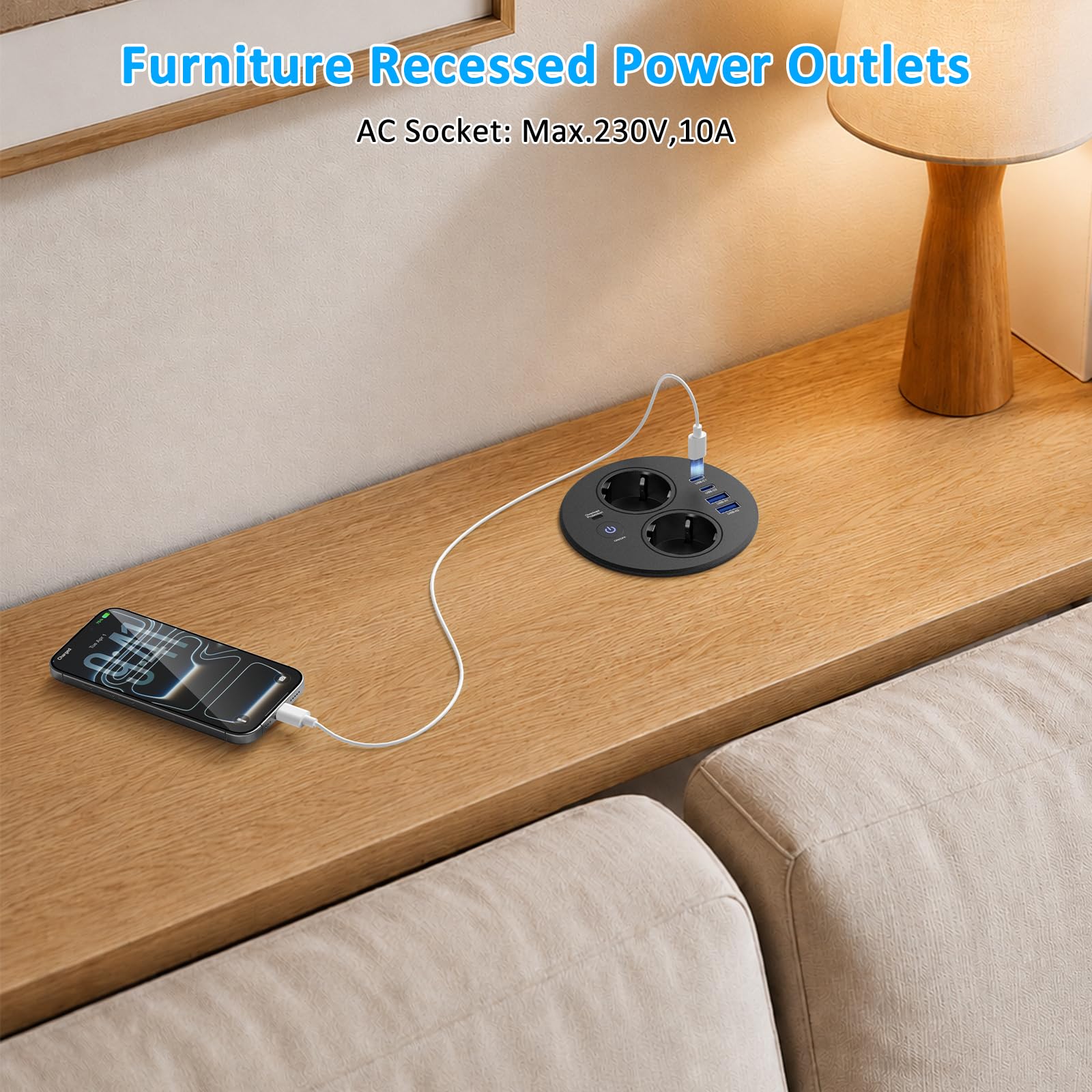 Alpheus Einbausteckdose mit Schalter, 2 Schuko, USB-C PD 20W, Ø100 mm | Einbau Steckdosenleiste, Tischsteckdose mit 4 USB, Arbeitsplatte Schreibtisch, Schwarz, 1,8 m Kabel